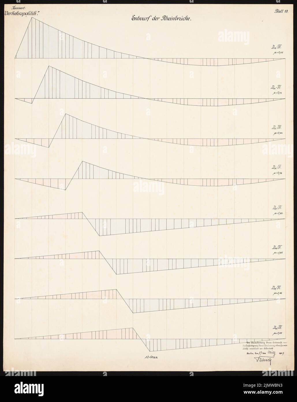 Blunck Otto (1882-1919), Verbindung zwischen dem rechten und linken Rheinufer und der Ahrtalbahn. Schinkel-Wettbewerb 1909 (03/19/1909): Rheinbrücke: Pläne der Menschen. Tusche Aquarell auf der Schachtel, 75 x 59,4 cm (inklusive Scan-Kanten) Blunck Otto (1882-1919): Verbindung zwischen rechts- und linksrheinischer Bahn sowie der Ahrtalbahn. Schinkelwettbewerb 1909 Stockfoto