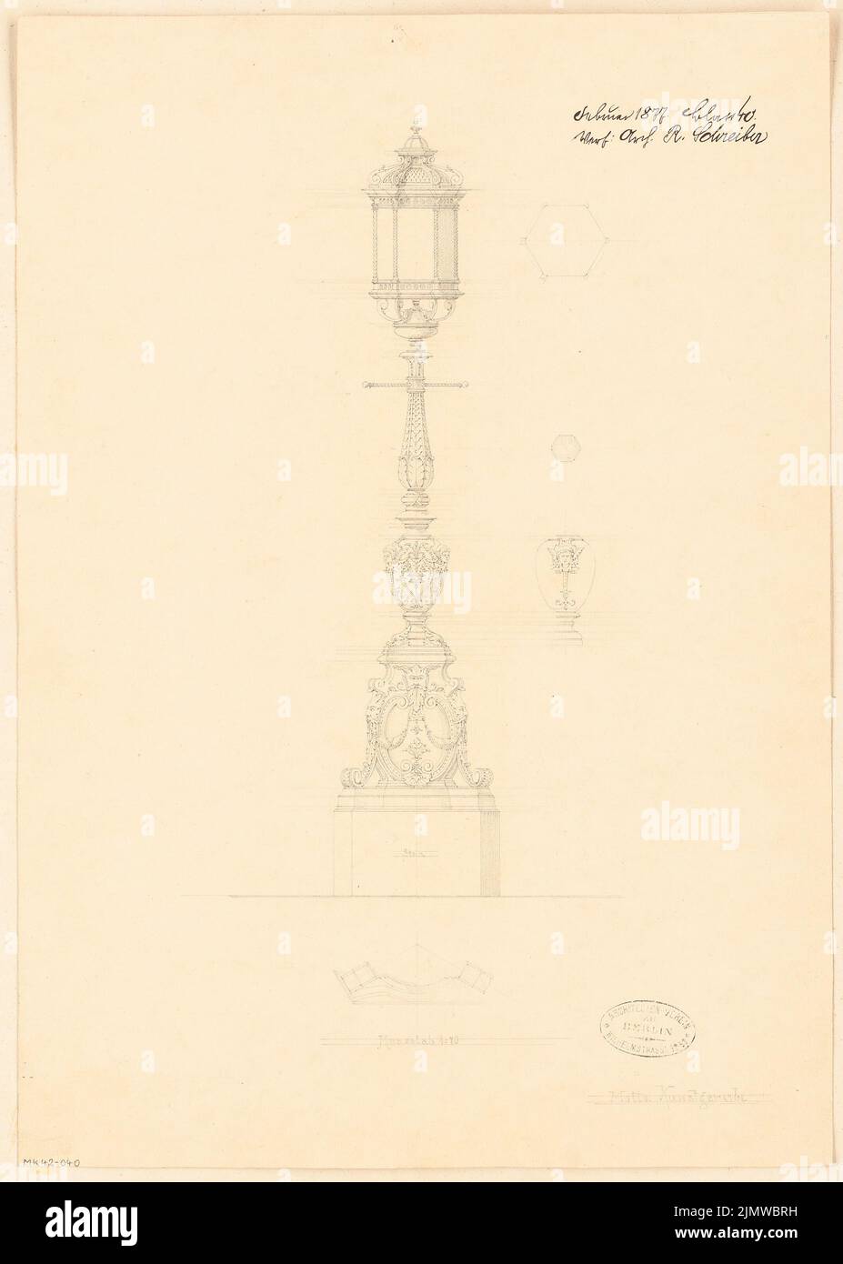 Schreiber Richard (1847-1927), Gusseisen Kandelaber. Monatlicher Wettbewerb 1877. Februar (02,1877): Teilweiser Grundriß der Basis, 2 horizontale Schnitte, Ansicht, vertikaler Schnitt des Mittelstücks des Schachtes; 1:10. Tinte auf Karton, 47,5 x 33,9 cm (inklusive Scan-Kanten) Schreiber Richard (1847-1927): Gusseiserner Kandelaber. Monatskurrenz Februar 1877 Stockfoto