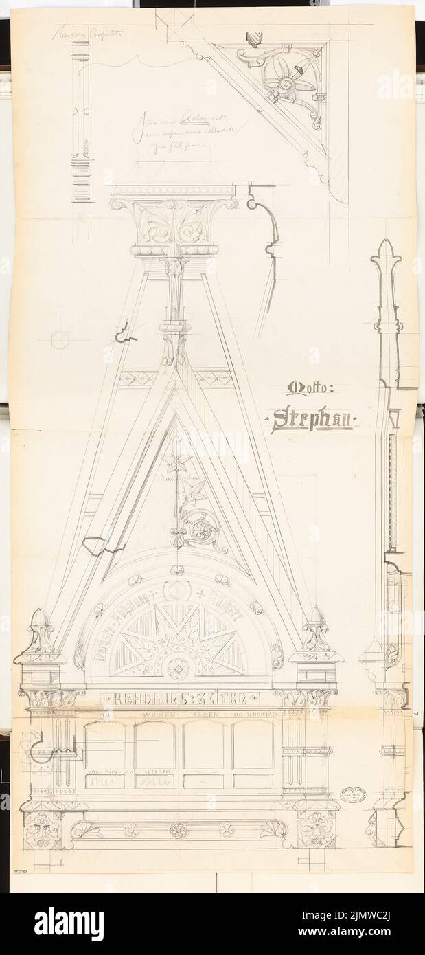 Vollmer Johannes (1845-1920), Briefkasten für die Reichspost. Monatlicher Wettbewerb Februar 1877 (02,1877): Riss-Vorderansicht, Profilschnitt vorne; Unterstützung in Vorderansicht und Seitenansicht; 1: 1. Bleistift-Aquarell auf der Schachtel, 129 x 61,4 cm (inklusive Scankanten) Vollmer Johannes (1845-1920): Briefkasten für die Reichspost. Monatskurrenz Februar 1877 Stockfoto
