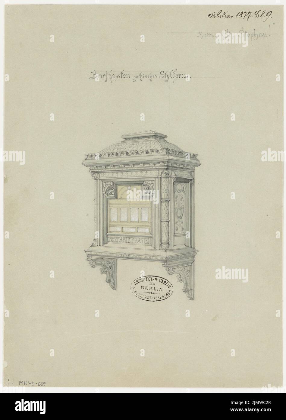 Unbekannter Architekt, Briefkasten für die Reichspost. Monatlicher Wettbewerb Februar 1877 (02,1877): Perspektivansicht. Bleistift-Aquarell auf der Schachtel, 35,3 x 25,7 cm (einschließlich Scankanten) N.N. : Briefkasten für die Reichspost. Monatskurrenz Februar 1877 Stockfoto