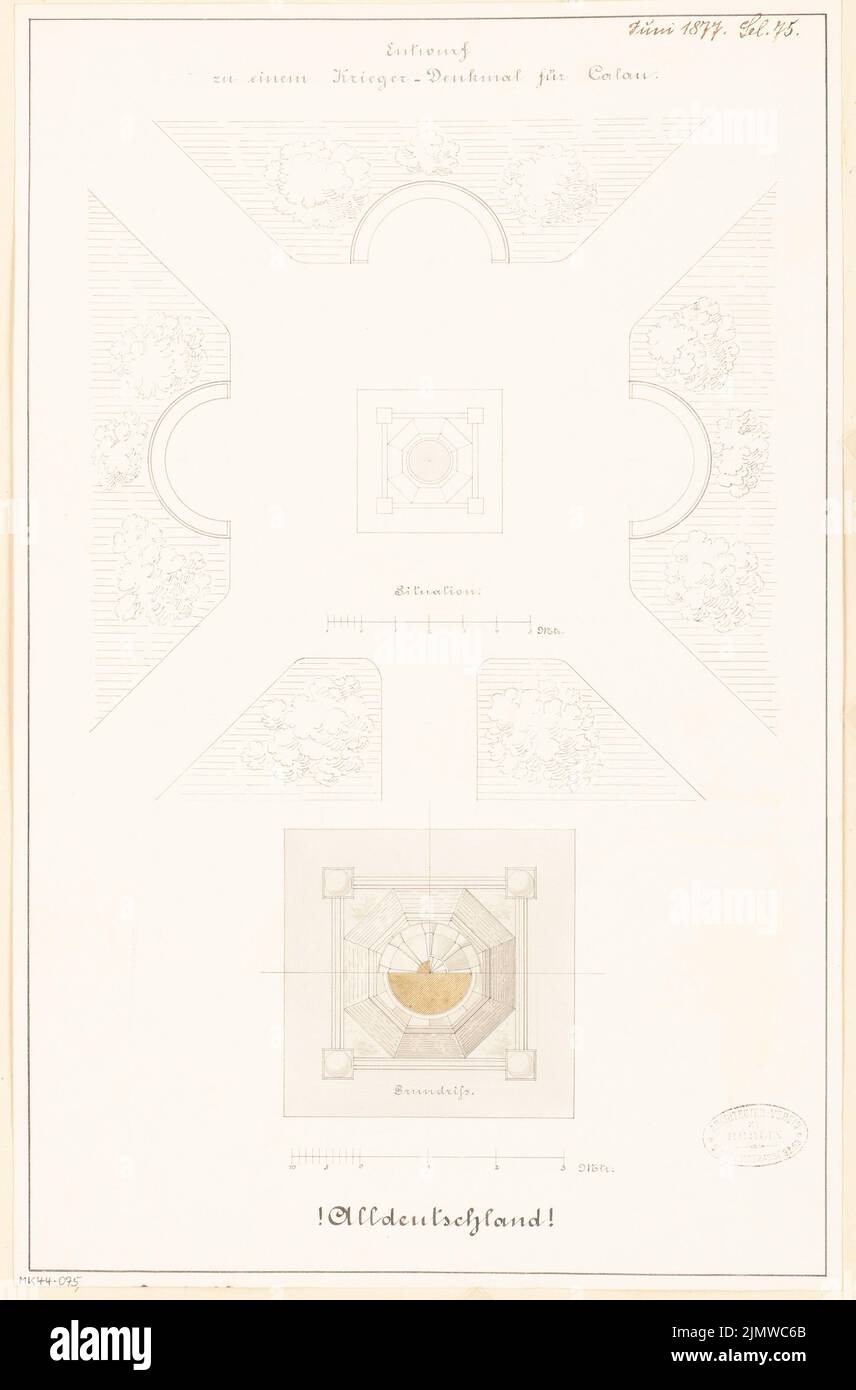 Unbekannter Architekt, ein gefallenes Denkmal in Calau. Monatlicher Wettbewerb 1877. Juni (06,1877): Lageplan, Grundriß (2 Ebenen); Skalenbalken. Tusche Aquarell auf der Schachtel, 47,4 x 31,3 cm (einschließlich Scankanten) N.N. : Gefallendendenkmal, Calau. Monatskurrenz Juni 1877 Stockfoto