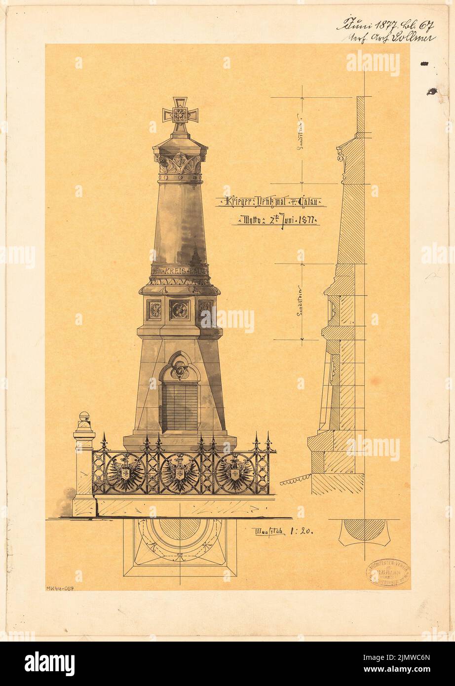 Vollmer Johannes (1845-1920), fiel-ähnliches Denkmal in Calau. Monatlicher Wettbewerb 1877. Juni (06,1877): 2 Grundrisse (2 Ebenen), Grundriss Vorderansicht, Querschnitt (halb); 1:20. Tusche Aquarell auf transparent, 54,5 x 38,6 cm (inklusive Scankanten) Vollmer Johannes (1845-1920): Gefallendendenkmal, Calau. Monatskurrenz Juni 1877 Stockfoto