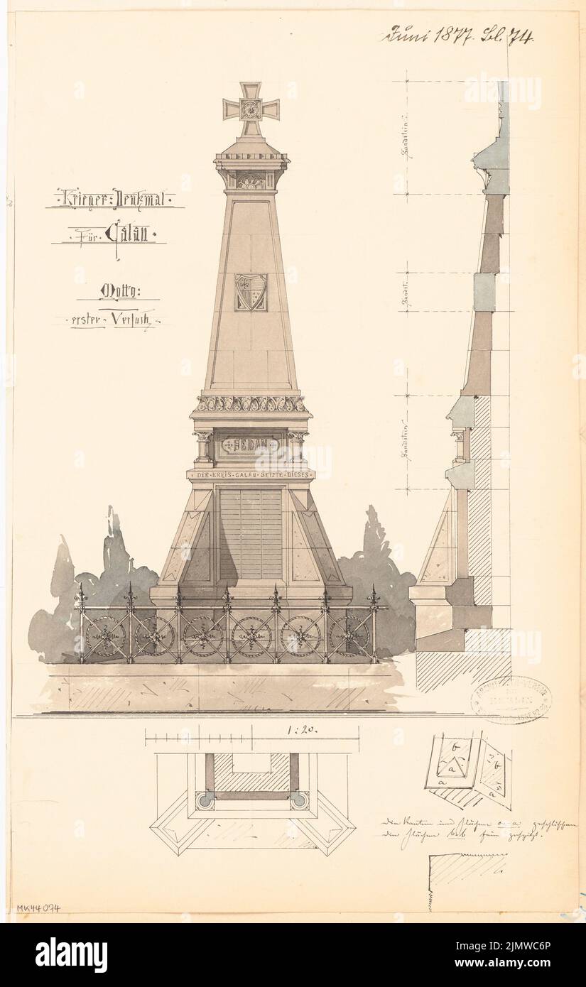 Unbekannter Architekt, ein gefallenes Denkmal in Calau. Monatlicher Wettbewerb 1877. Juni (06,1877): Grundriss (halb), Umriss Vorderansicht, Querschnitt der Vorderansicht, detaillierte Skizze; Maßstabsbalken. Tusche Aquarell auf der Schachtel, 43,1 x 27,4 cm (einschließlich Scankanten) N.N. : Gefallendendenkmal, Calau. Monatskurrenz Juni 1877 Stockfoto