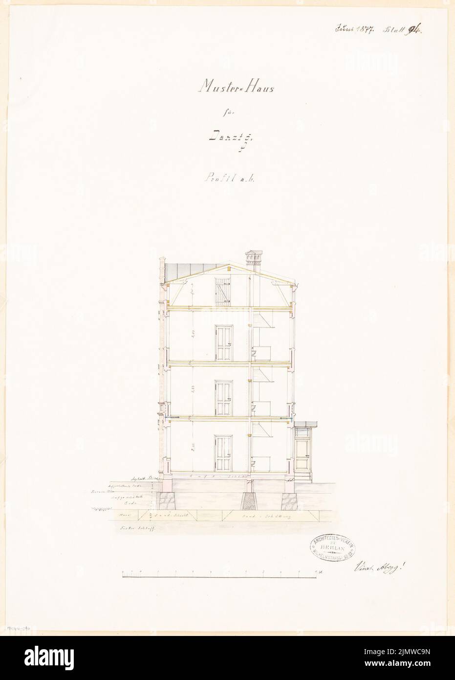 Unbekannter Architekt, Entwurf für eine Siedlung der Abegg-Stiftung (mit einem normalen Zuhause) in Danzig. Monatlicher Wettbewerb 1877. Juni (06,1877): Querschnitt; Skalenbalken. Tusche Aquarell auf Papier, 53,6 x 38,4 cm (einschließlich Scankanten) N.N. : Bauplan für eine Siedlung der Abegg-Stiftung (mit einem Normal-Wohnhaus), Danzig. Monatskurrenz Juni 1877 Stockfoto