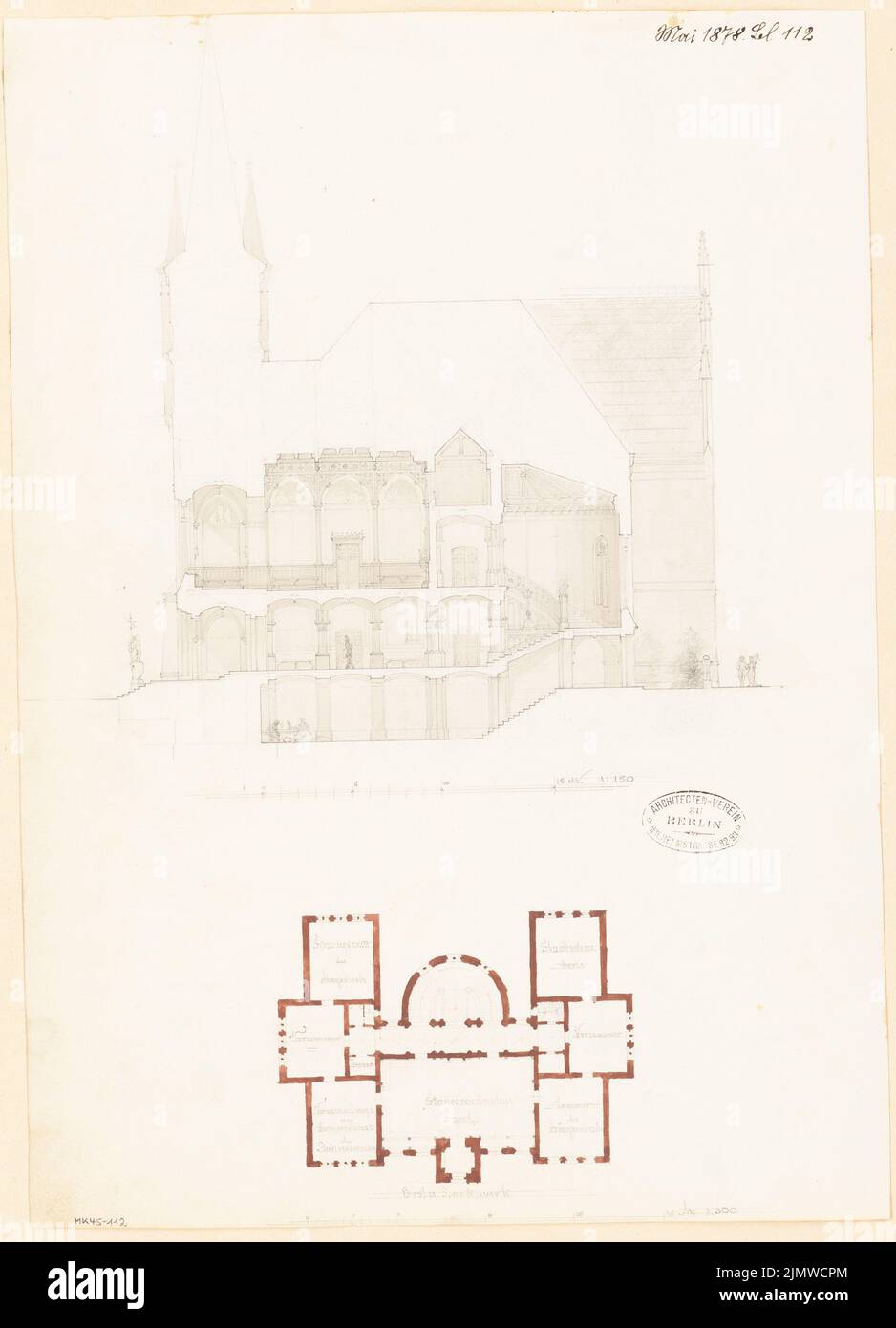 Unbekannter Architekt, Rathaus. Monatlicher Wettbewerb 1878. Mai (05,1878): Grundriß Obergeschoss 1: 300; Querschnitt 1.150; Streifen im Maßstab 2. Bleistift-Aquarell auf der Schachtel, 45,6 x 32,9 cm (einschließlich Scankanten) N.N. : Rathaus. Monatskurrenz Mai 1878 Stockfoto