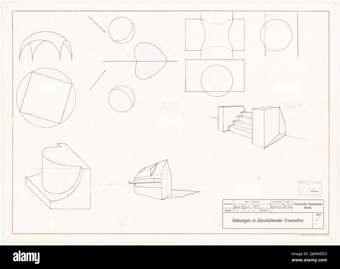 Michel Paul jun. (1922-1943), Übungen zur Durchführung von Geometrien. Bl. 5 (30. November 1940): Perspektivische Ansichten, Fluchtperspektiven von geometrischen Körpern, Treppen, Gebäuden. Tinte, Tusche farbig, Aquarell auf Karton, 45,9 x 63,6 cm (inklusive Scankanten) Michel Paul jun. (1922-1943): Übungen in Darstellender Geometrie. Bl. 5 Stockfoto