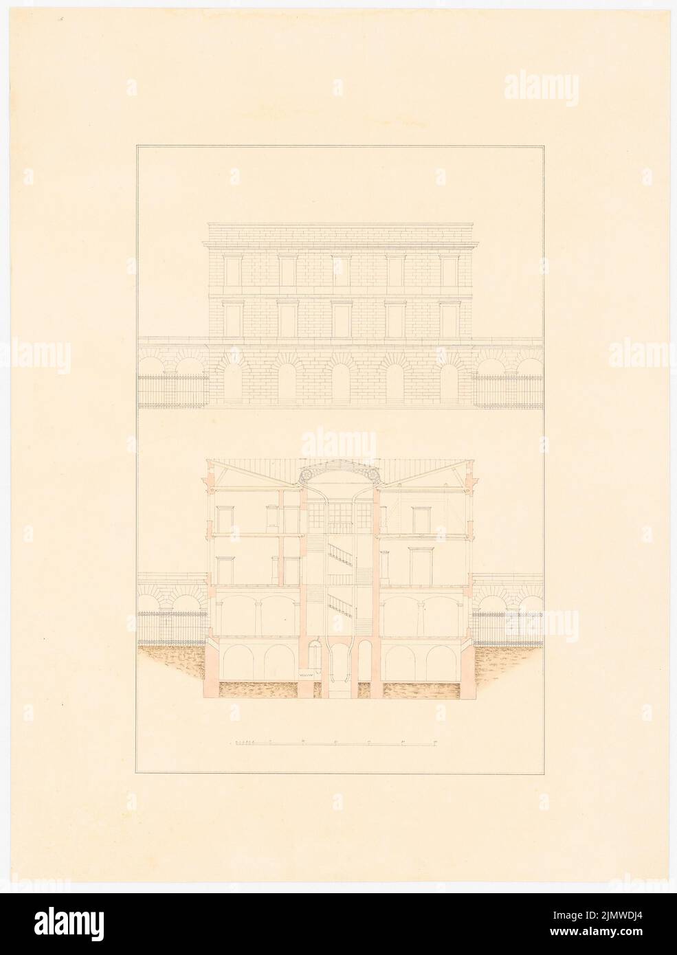 Michel Alfred (1843-1913), Backsteingebäude, dreistöckig, mit einer Arcade-Gang (Verwaltungsgebäude einer Fabrik?) (Ca. 1864-1868): Rising View Fassade mit durchgehenden und fortlaufenden Rundbögen und Eisenzaun, Querschnitt mit Treppe, Keller und Bar lag. Tinte und Bleistift Aquarell auf der Schachtel, 56,9 x 43,1 cm (inklusive Scankanten) Michel Alfred (1843-1913): Backsteingebäude, dreistöckig, mit vorgesetztem Arkadengang (Verwaltungsgebäude einer Fabrik ?) Stockfoto