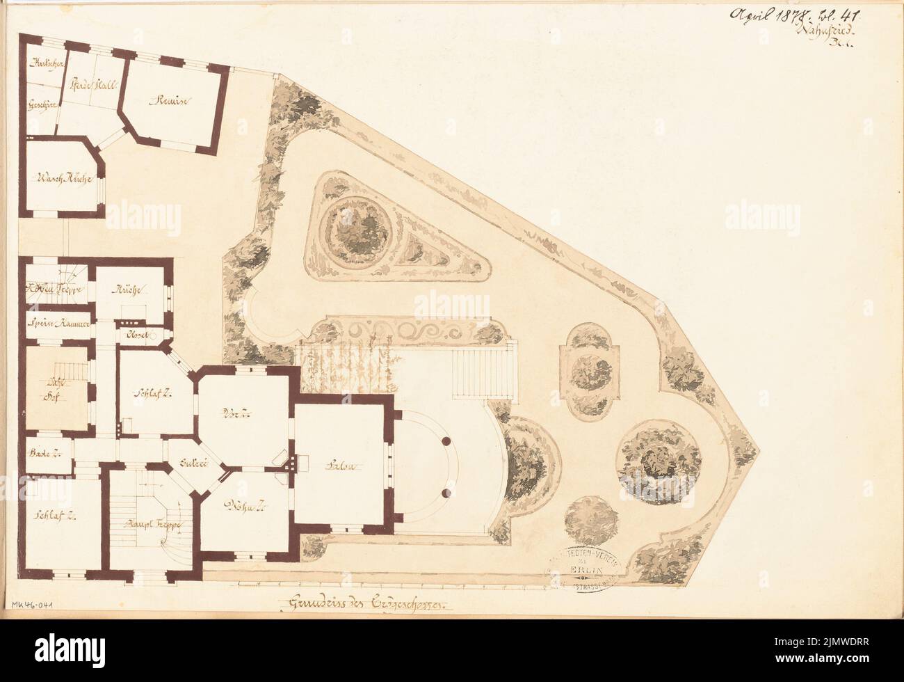 Unbekannter Architekt, Villa in Gera. Monatlicher Wettbewerb April 1878 (04,1878): Lageplan mit Grundriß Erdgeschoss; Zollbar, Raumplan. Tusche Aquarell auf der Schachtel, 30,3 x 44,2 cm (einschließlich Scankanten) N.N. : Villa, Gera. Monatskurrenz April 1878 Stockfoto