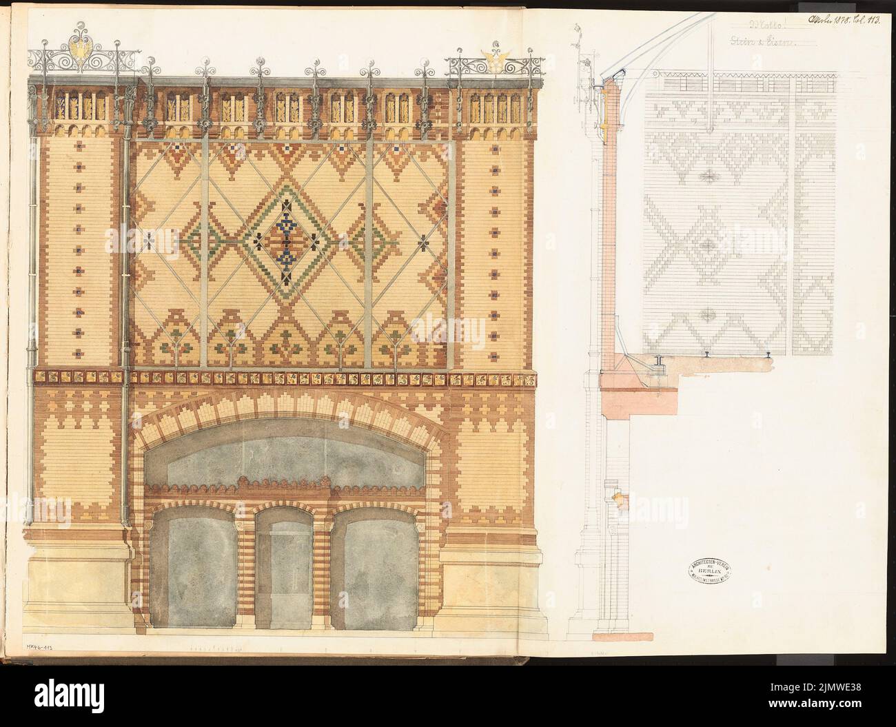 Unbekannter Architekt, Staorsbahn Station Stadtbahn in Berlin. Monatlicher Wettbewerb Oktober 1878 (10,1878): Riss-Seitenansicht, teilweiser Querschnitt; Skalenbalken. Tinte und Bleistift Wasserfarben auf Papier, 59,6 x 80,2 cm (einschließlich Scankanten) N.N. : Bahnhof Börse der Stadtbahn, Berlin. Monatskurrenz Oktober 1878 Stockfoto