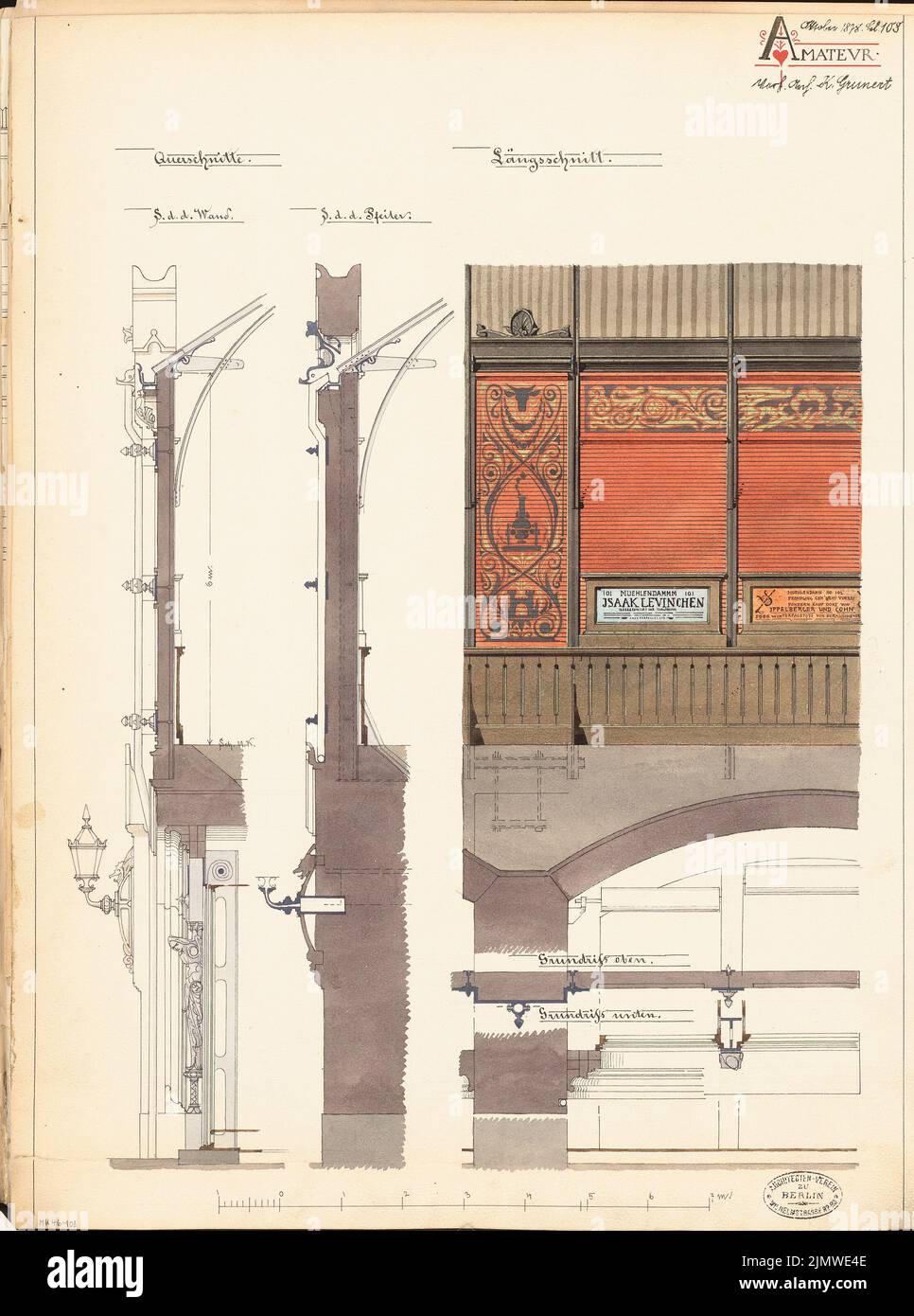 Grunert Kurt (1843-1902), Bahnhof Staorsahn in der Berliner Stadtbahn. Monatlicher Wettbewerb Oktober 1878 (10,1878): Längsschnitt mit Innenansicht der Fensterwand (Ausschnitt), 2 vertikale Fassadenschnitte; Maßstabsbalken. Tusche Aquarell auf der Schachtel, 59,9 x 44,5 cm (inklusive Scankanten) Grunert Kurt (1843-1902): Bahnhof Börse der Stadtbahn, Berlin. Monatskurrenz Oktober 1878 Stockfoto