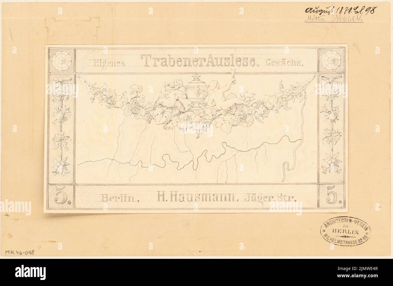 Unbekannter Architekt, Weinflaschenetikett. Monatlicher Wettbewerb August 1878 (08,1878): Anzeigen. Bleistift-Aquarell auf der Schachtel, 19,8 x 30 cm (einschließlich Scankanten) N.N. : Weinflaschenetikett. Monatskurrenz August 1878 Stockfoto