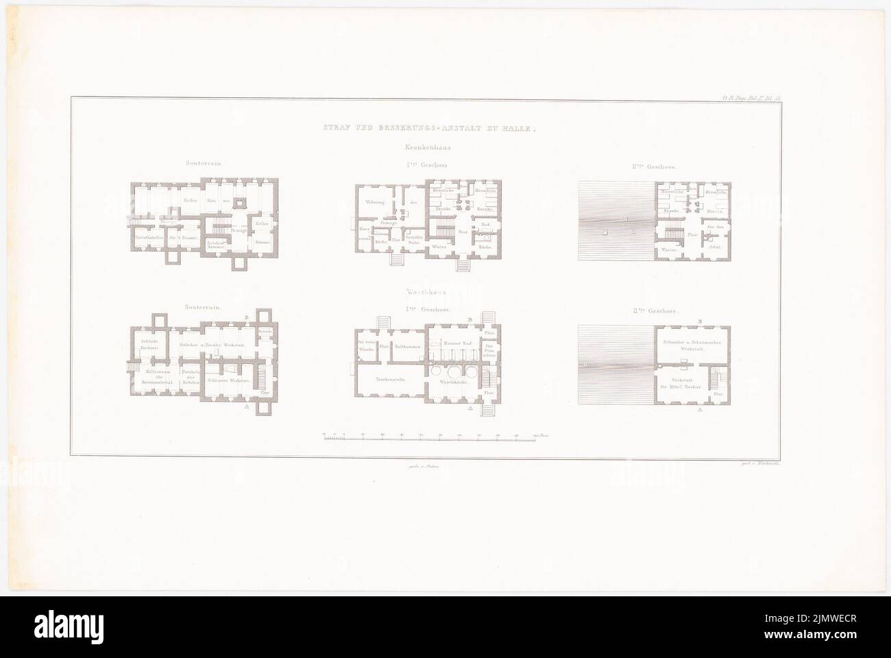 Oberbau Deputation, Gefängnis Halle/Saale (1836-1836): Krankenhaus: Grundrisse; Waschhaus: Grundrisse (aus: Bau des preußischen Staates, Bd. 2, Bl. L 54, S. Stich auf Papier, 35,6 x 53,2 cm (inklusive Scankanten) Oberbaudeputation : Gängnis, Halle/Saale. (Aus: Bauausführungen des preußischen Staates, Bd. 2) Stockfoto