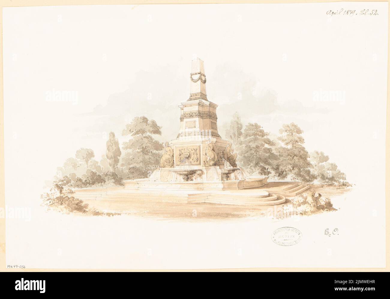 Unbekannter Architekt, Brunnen für den Wilhelmplatz in Berlin. Monatlicher Wettbewerb April 1879 (04,1879): Perspektivansicht. Bleistift, wasserfarben auf Papier, 33 x 47,2 cm (einschließlich Scankanten) N.N. : Brunnen für den Wilhelmplatz, Berlin. Monatskurrenz April 1879 Stockfoto