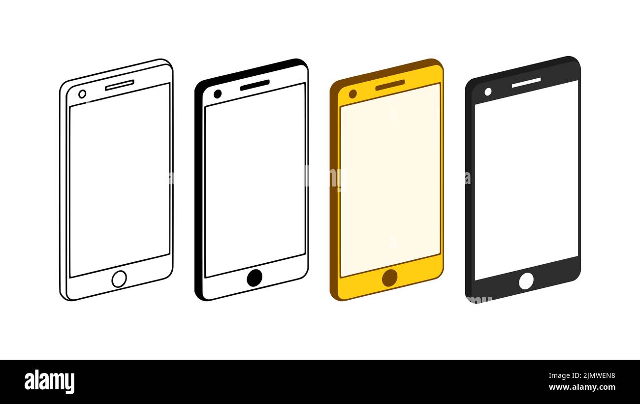 Mobiltelefon- oder Smartphone-Symbol in verschiedenen Stilen eingestellt. Vektordarstellung von Geräten oder Gadgets auf weißem Hintergrund isoliert. Stockfoto
