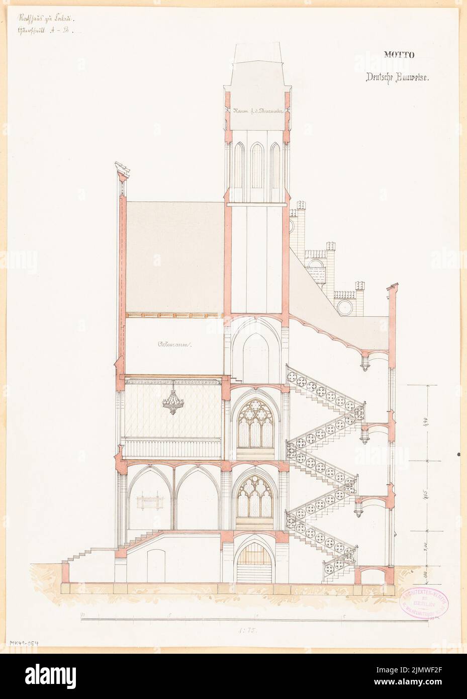 Unbekannter Architekt, Rathaus von Calau. Monatlicher Wettbewerb März 1879 (03,1879): Grundriss Keller, Querschnitt 1:75; Maßstabsbalken. Tusche Aquarell auf der Schachtel, 50,1 x 35,8 cm (einschließlich Scankanten) N.N. : Rathaus, Calau. Monatskurrenz März 1879 Stockfoto