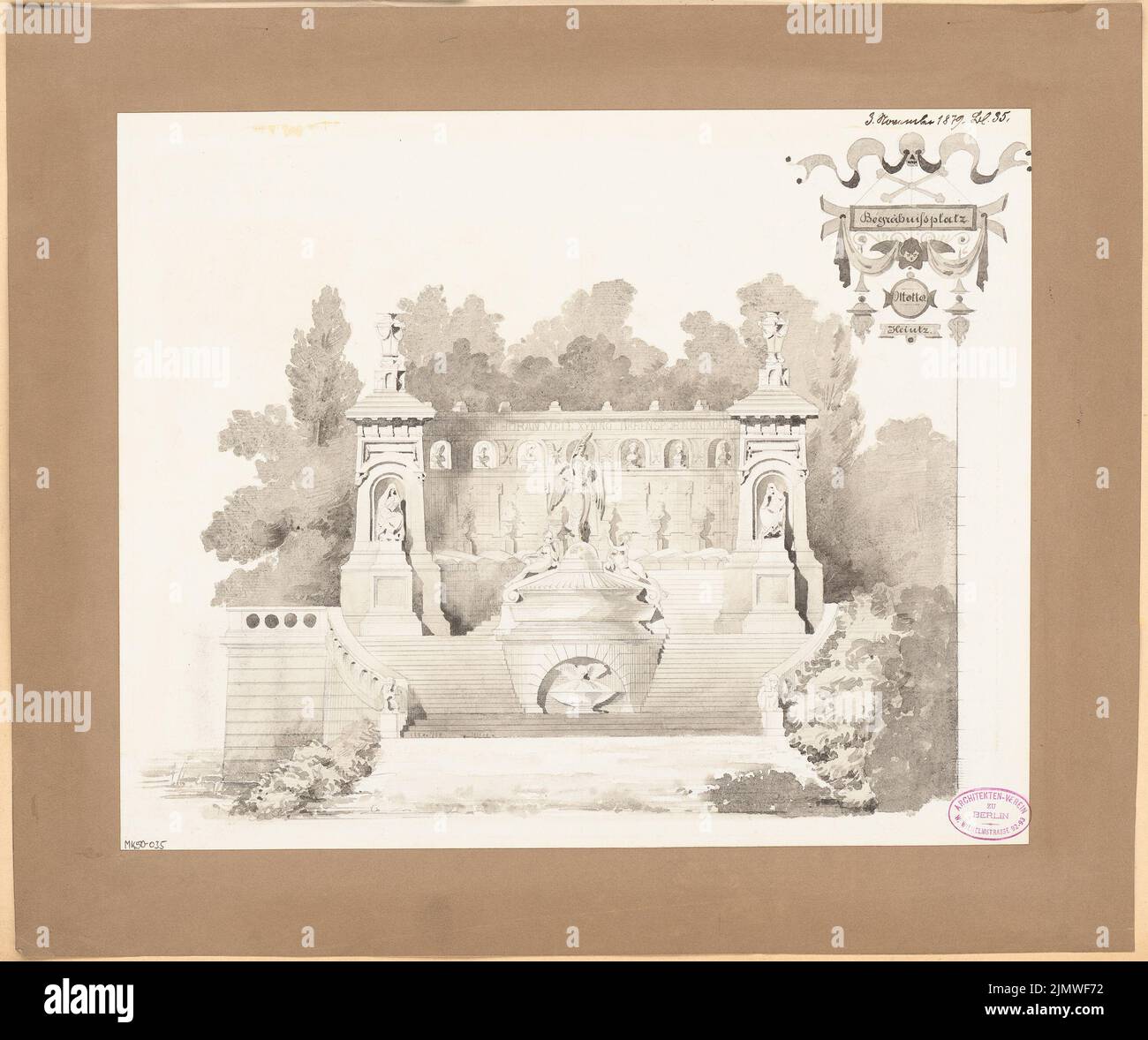 Unbekannter Architekt, Begräbnisstätte. Monatlicher Wettbewerb 1879. November (11,1879): Riss Vorderansicht; Skalenbalken. Bleistift, wasserfarben auf Papier, 44,2 x 52,7 cm (einschließlich Scankanten) N.N. : Begräbnisplatz. Monatskurrenz November 1879 Stockfoto