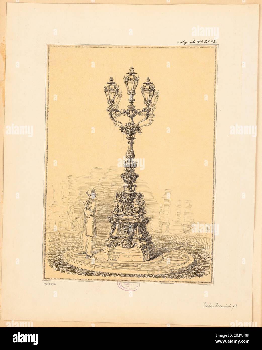 Unbekannter Architekt, Straßenskandala. Monatlicher Wettbewerb Dezember 1879 (12,1879): Perspektivansicht. Tinte auf Transparent, 55,4 x 44,4 cm (einschließlich Scankanten) N.N. : Straßenkandelaber. Monatskurrenz Dezember 1879 Stockfoto