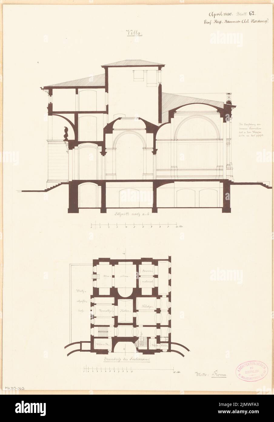 Hartung Adolf (1850-1910), Villa. Monatlicher Wettbewerb April 1880 (04,1880): Grundriß Keller, Längsschnitt; Streifen im Maßstab 2. Tusche Aquarell auf der Schachtel, 45,9 x 32 cm (inklusive Scan-Kanten) Hartung Adolf (1850-1910): Villa. Monatskurrenz April 1880 Stockfoto