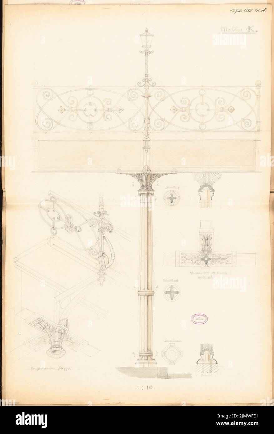 Unbekannter Architekt, architektonische Form der Unterführungen der Berliner Stadtbahn. (Zweiter Wettbewerb) Monatlicher Wettbewerb im Juli 1880 (07,1880): Riss-Seitenansicht der Brücke (Ausschnitt), perspektivische Ansicht von Konsole, Träger und Geländer, Details 1:10. Bleistift-Aquarell auf der Schachtel, 91,9 x 62 cm (einschließlich Scankanten) N.N. : Architektonische Formgebung der Unterführungen der Berliner Stadtbahn. (Zweiter Wettbewerb) Monatskonkurrenz Juli 1880 Stockfoto