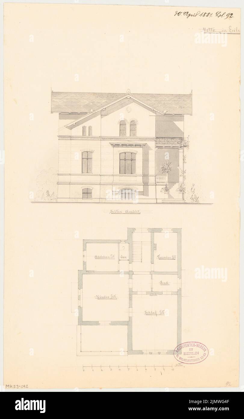 Unbekannter Architekt, ländliches Wohngebäude in Berlin-Lichterfelde. Monatlicher Wettbewerb 1881. April (04,1881): Grundriß Obergeschoss, Seitenansicht; Skala bar. Tusche Aquarell auf der Schachtel, 42,4 x 26,5 cm (einschließlich Scankanten) N.N. : Ländliches Wohnhaus, Berlin-Lichterfelde. Monatskurrenz April 1881 Stockfoto