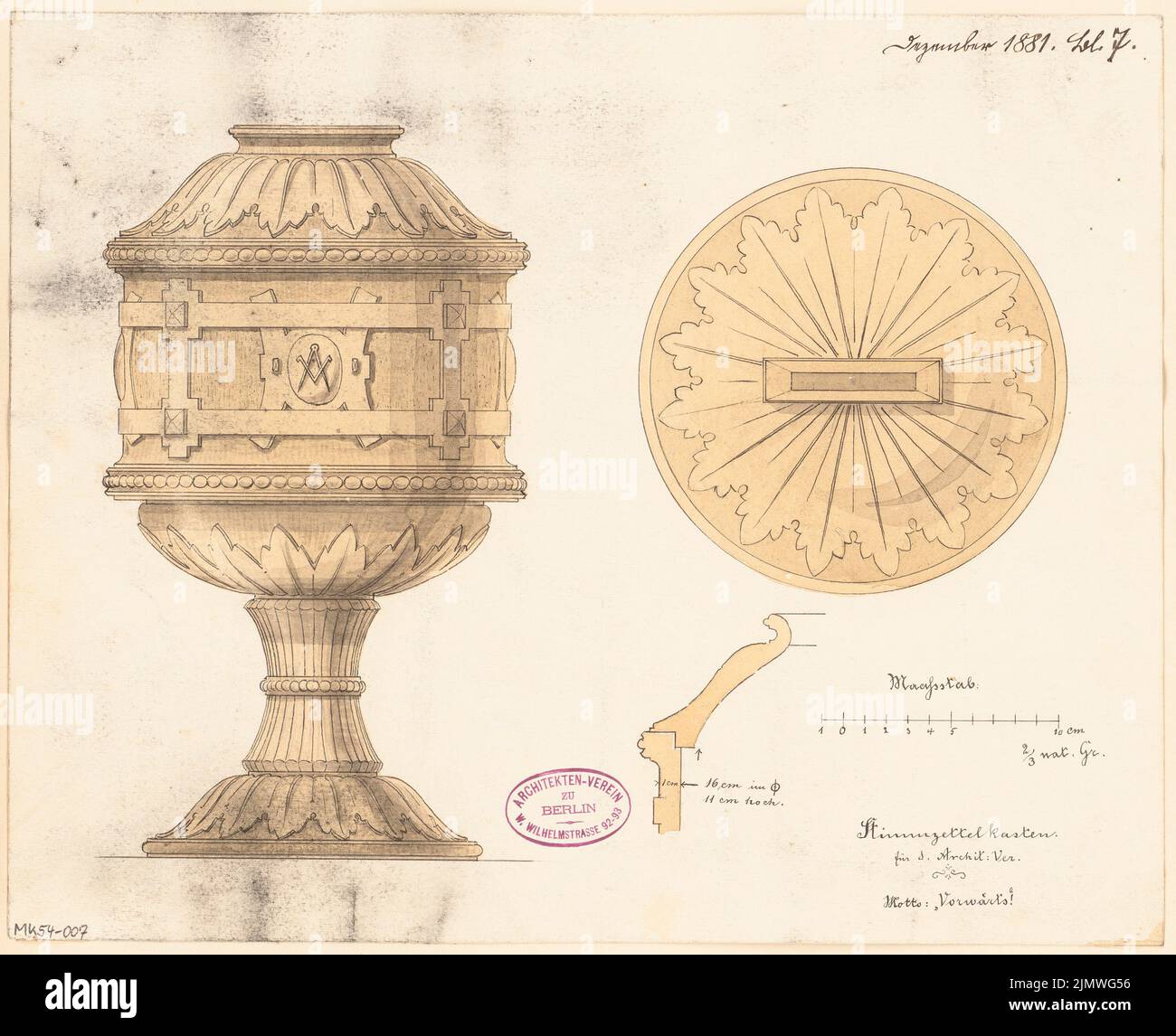 Unbekannter Architekt, Sammelvorrichtung für Stimmzettel für den Architektenverband in Berlin. Monatlicher Wettbewerb Dezember 1881 (12,1881): Seitenansicht, Draufsicht, Teilschnitt 2: 3; Maßstabsbalken. Tusche Aquarell auf der Schachtel, 29,1 x 35,8 cm (einschließlich Scankanten) N.N. : Sammelgerät für Stimmzettel für der Architekten-Verein in Berlin. Monatskurrenz Dezember 1881 Stockfoto