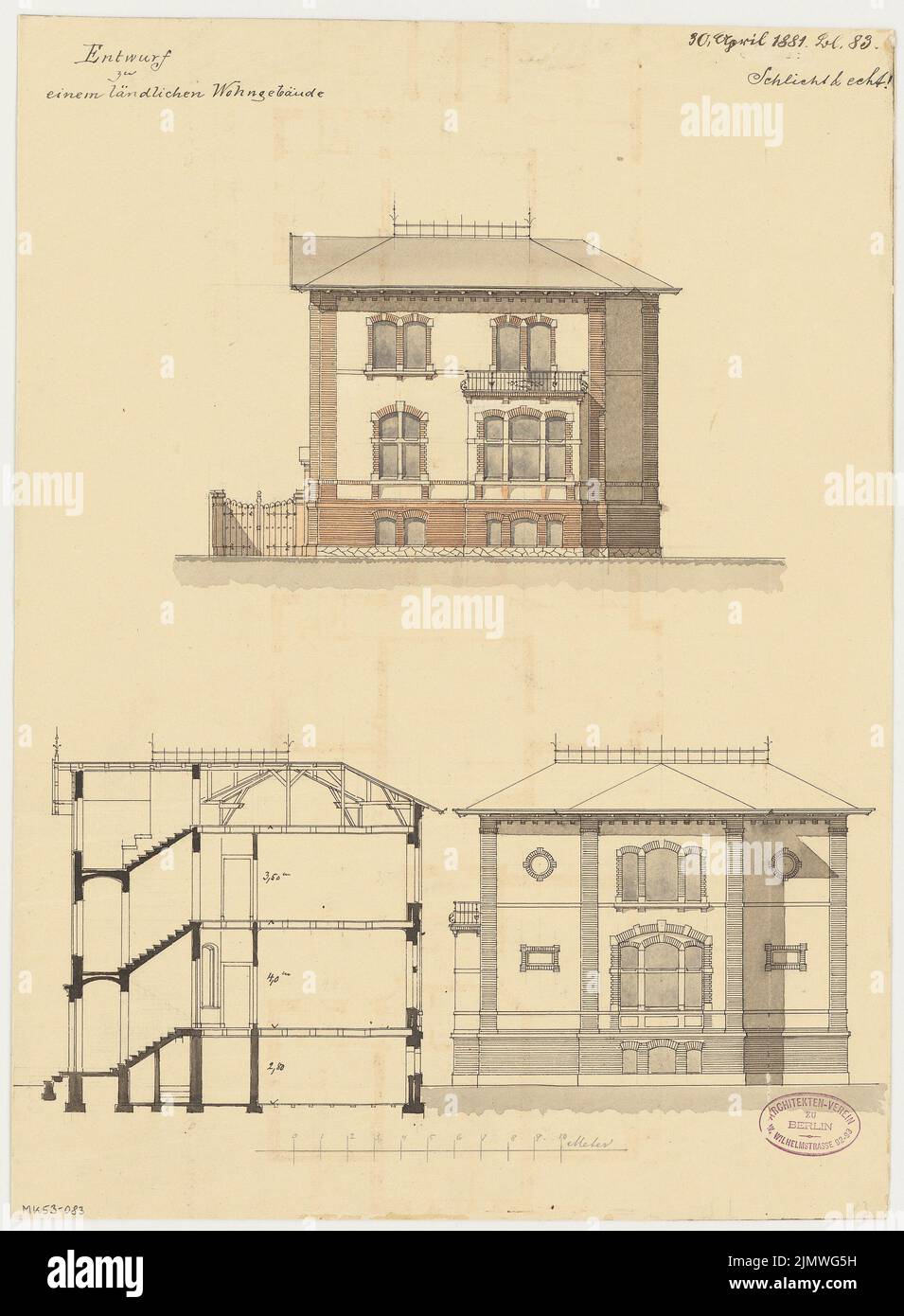 Unbekannter Architekt, ländliches Wohngebäude in Berlin-Lichterfelde. Monatlicher Wettbewerb April 1881 (04,1881): Riß Straßenansicht, Seitenansicht, Querschnitt; Skalenbalken. Tusche Aquarell auf der Schachtel, 46,3 x 34 cm (einschließlich Scankanten) N.N. : Ländliches Wohnhaus, Berlin-Lichterfelde. Monatskurrenz April 1881 Stockfoto