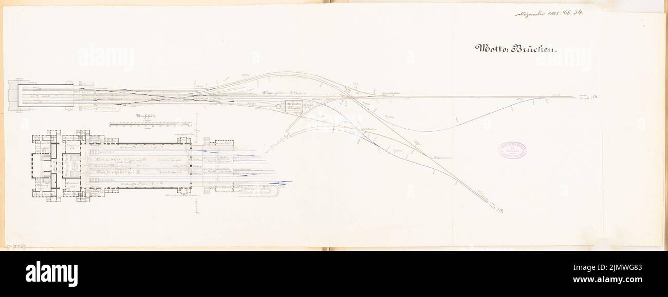Unbekannter Architekt, Zentrale. Monatlicher Wettbewerb 1881. Dezember (12,1881): Abteilung 1: 2000, Grundriß Erdgeschoss, Erdgeschoss 1: 1000; Streifen im Maßstab 2. Tusche Aquarell auf der Schachtel, 34,9 x 92,8 cm (einschließlich Scankanten) N.N. : Kopfbahnhof. Monatskurrenz Dezember 1881 Stockfoto