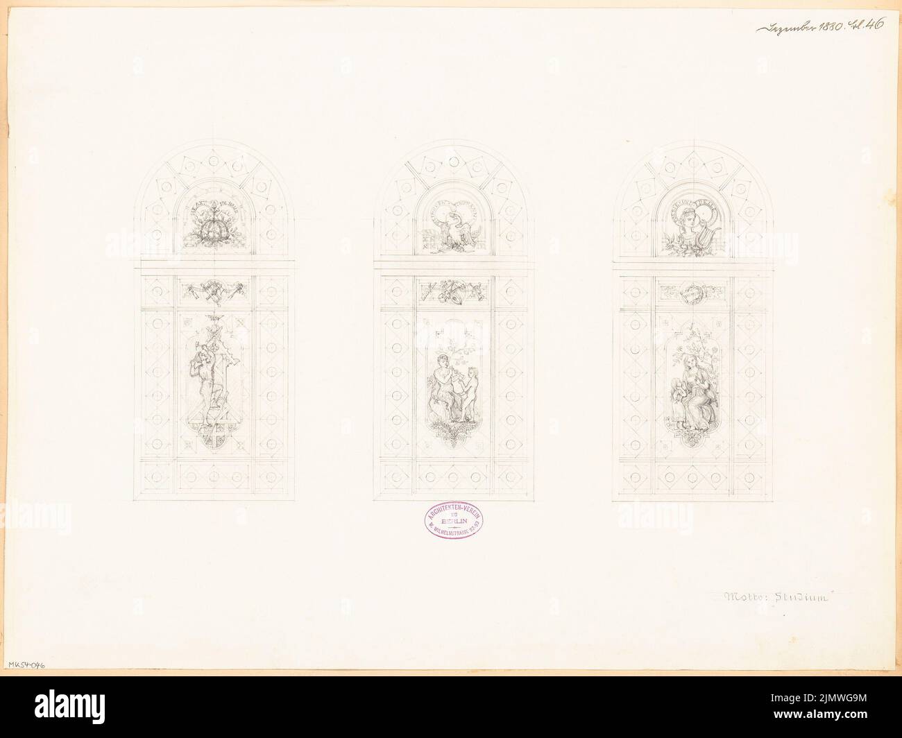 Unbekannter Architekt, Fenster für das Haus des Architektenvereins in Berlin. Monatlicher Wettbewerb Dezember 1880 (Wettbewerb 1.) (12,1880): 3 Aufrufe. Bleistift auf Papier, 43,2 x 57,6 cm (einschließlich Scankanten) N.N. : Fenster für das Haus des Architekten-Vereins zu Berlin. Monatskurrenz Dezember 1880 (1. Wettbewerb) Stockfoto