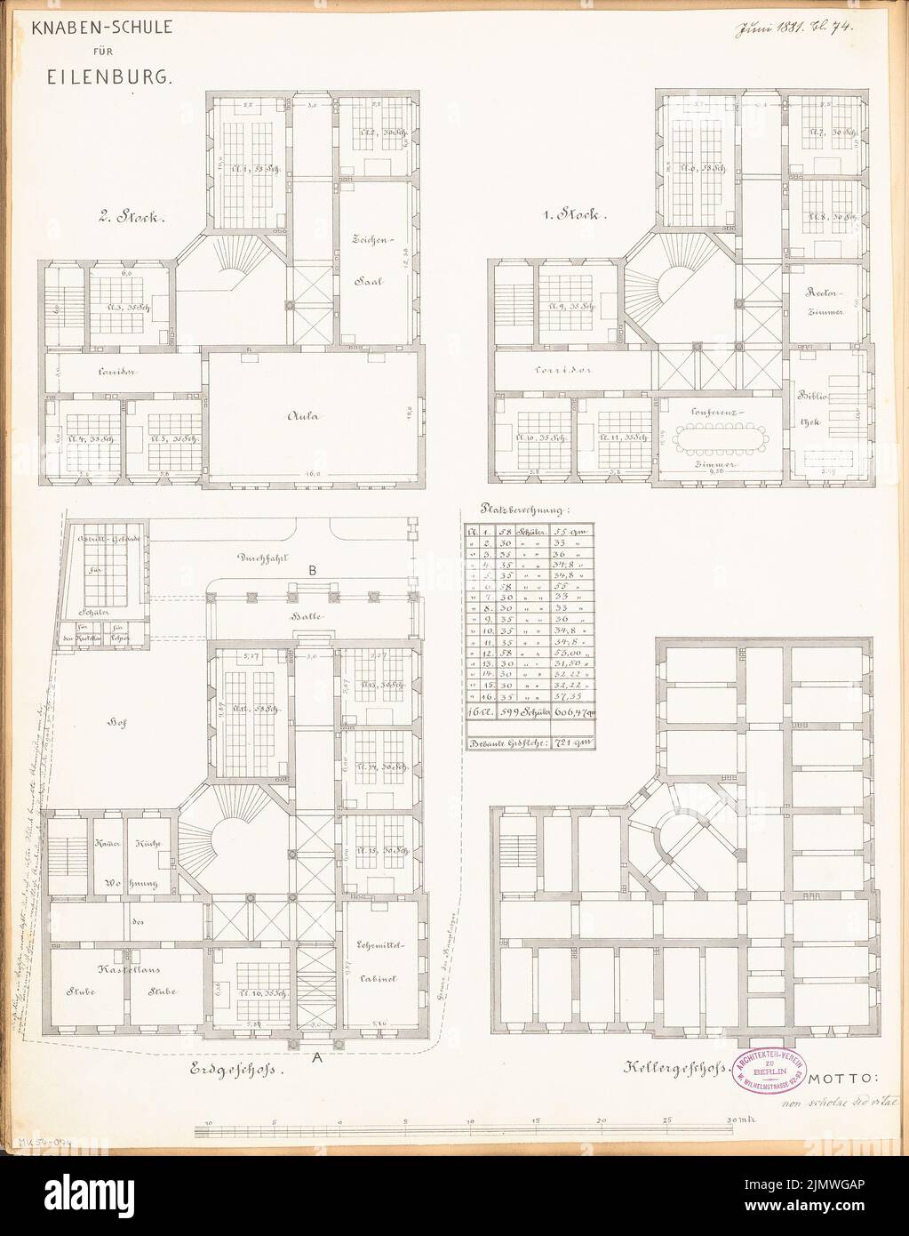 Unbekannter Architekt, Junge Schule in Eilenburg. Monatlicher Wettbewerb 1881. Juni (06,1881): Grundriss Keller, Erdgeschoss, 1.. Und 2.. Etage; Maßstab Bar. Tusche Aquarell auf der Schachtel, 58,6 x 46,1 cm (einschließlich Scankanten) N.N. : Knabenschule, Eilenburg. Monatskurrenz Juni 1881 Stockfoto