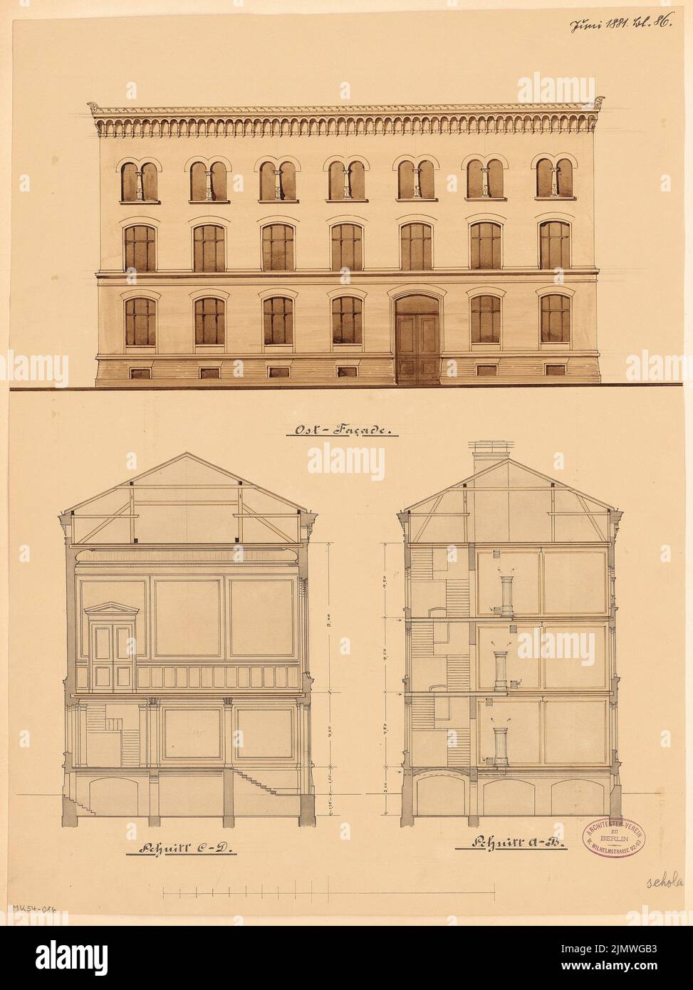 Unbekannter Architekt, Junge Schule in Eilenburg. Monatlicher Wettbewerb 1881. Juni (06,1881): Riss Road View Wilhelmstraße, 2 Querschnitte; Maßstabsbalken. Tusche Aquarell auf der Schachtel, 55,7 x 41,7 cm (einschließlich Scankanten) N.N. : Knabenschule, Eilenburg. Monatskurrenz Juni 1881 Stockfoto