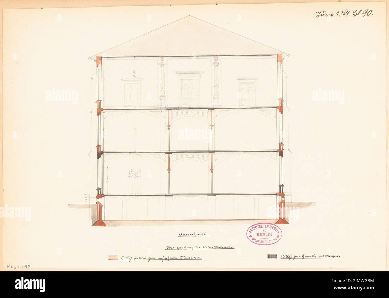 Unbekannter Architekt, Junge Schule in Eilenburg. Monatlicher Wettbewerb 1881. Juni (06,1881): Querschnitt. Tinte und Bleistift, Wasserfarben auf der Schachtel, 29,1 x 41,8 cm (einschließlich Scankanten) N.N. : Knabenschule, Eilenburg. Monatskurrenz Juni 1881 Stockfoto