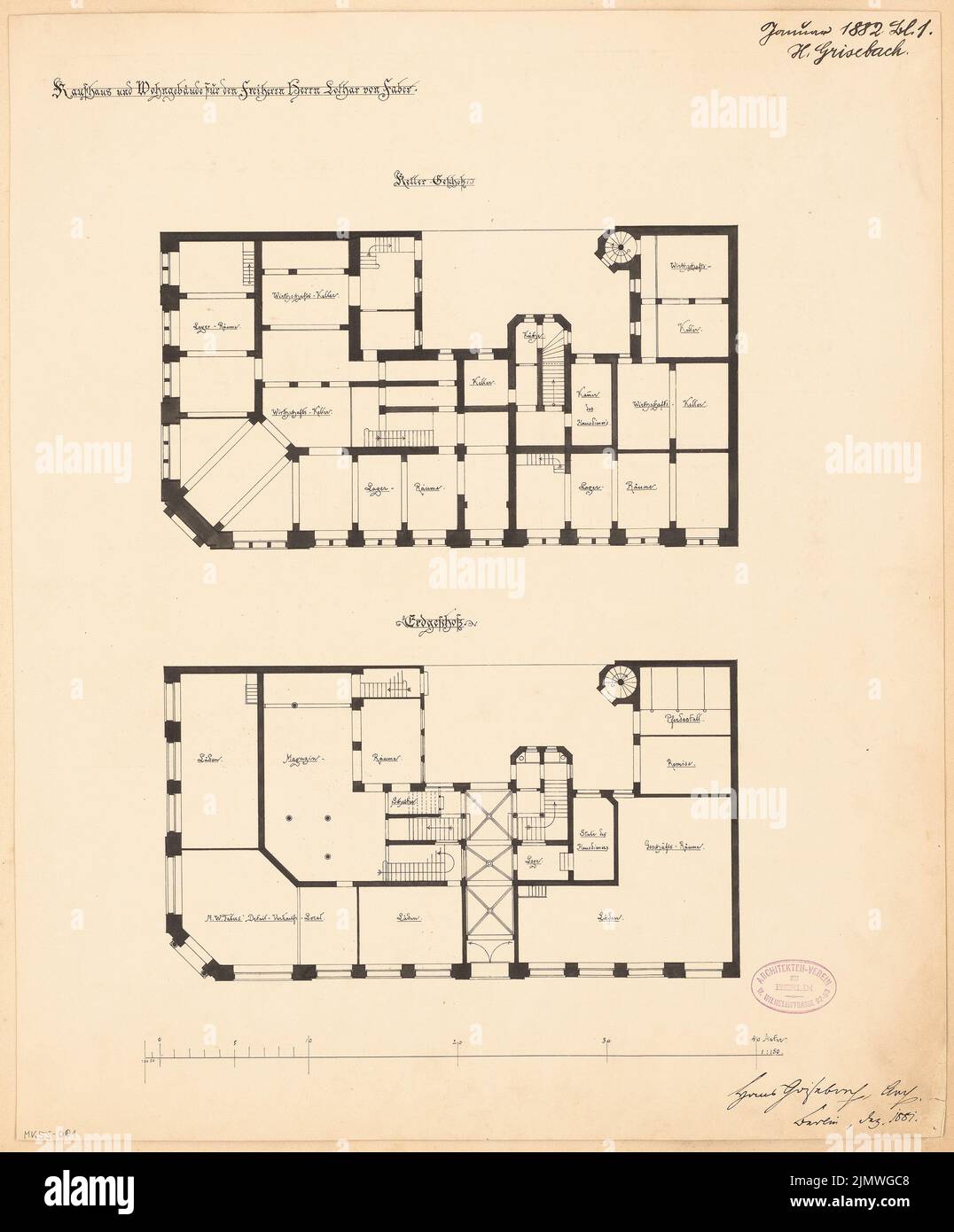 Grisebach Hans (1848-1904), Wohn- und Geschäftshaus für Faber in Berlin. Monatlicher Wettbewerb Januar 1882 (01,1882): Grundriss Keller, EG 1: 150; Maßstab Bar. Tinte auf Karton, 51,4 x 42,6 cm (inklusive Scankanten) Grisebach Hans (1848-1904): Wohn- und Geschäftshaus für die Fa. Faber, Berlin. Monatskurrenz Januar 1882 Stockfoto