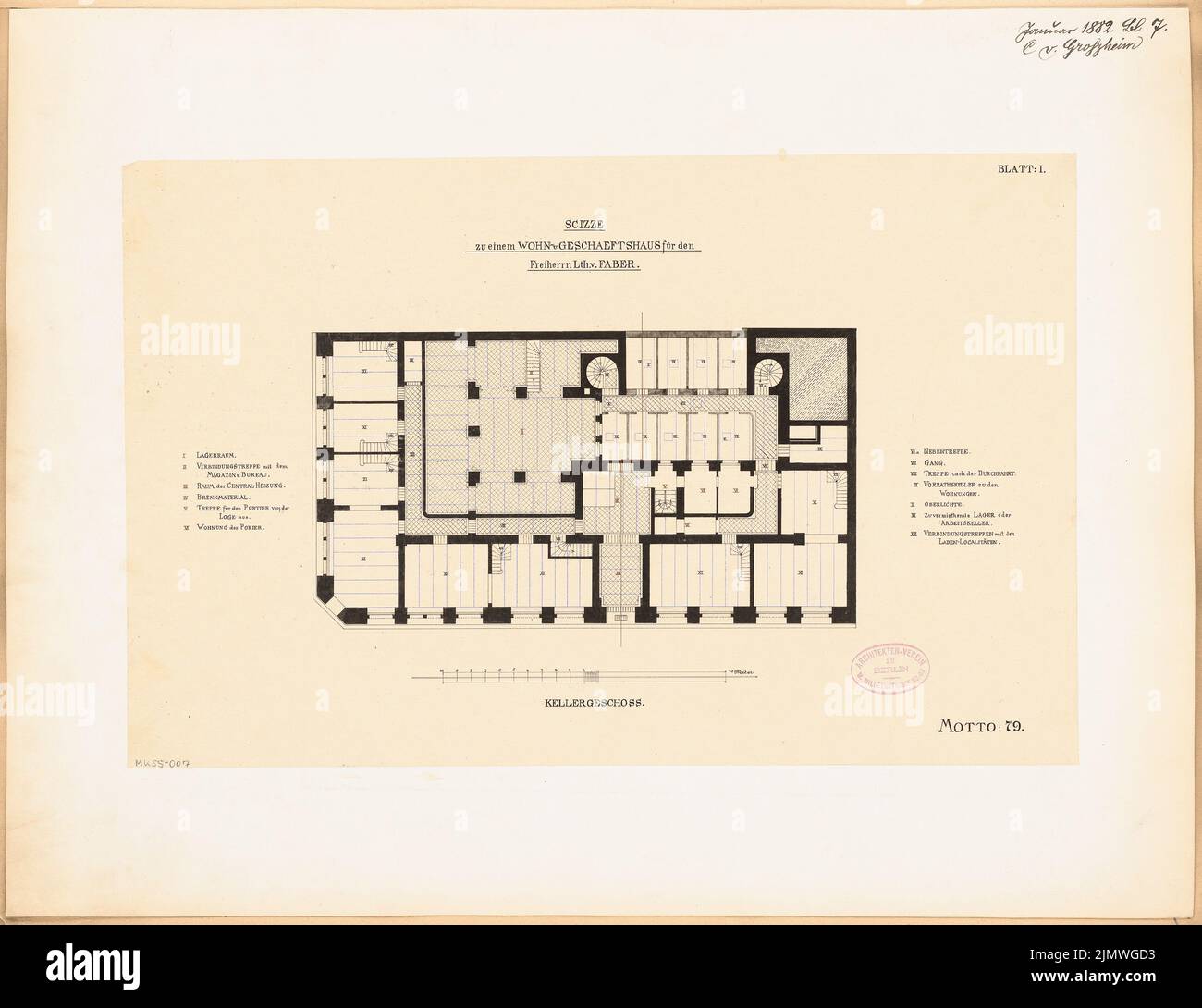 Großheim Carl von (1841-1911), Wohn- und Geschäftshaus für Faber in Berlin. Monatlicher Wettbewerb Januar 1882 (01,1882): Grundriss Keller; Skala bar. Tusche auf Transparent, 44,1 x 57,4 cm (inklusive Scankanten) Großheim Carl von (1841-1911): Wohn- und Geschäftshaus für die Fa. Faber, Berlin. Monatskurrenz Januar 1882 Stockfoto