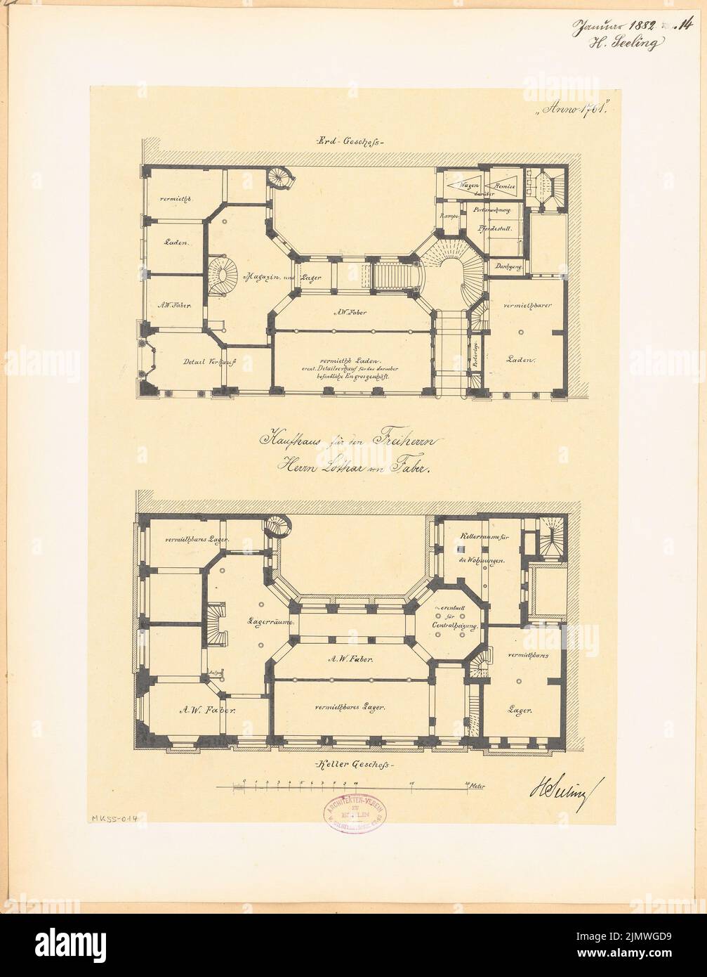 Seeling Heinrich (1852-1932), Wohn- und Geschäftshaus für Faber in Berlin. Monatlicher Wettbewerb Januar 1882 (01,1882): Grundriß Keller, Erdgeschoss; Scale bar. Tusche auf Transparent, 55,2 x 42,8 cm (inklusive Scankanten) Versiegelung Heinrich (1852-1932): Wohn- und Geschäftshaus für die Fa. Faber, Berlin. Monatskurrenz Januar 1882 Stockfoto