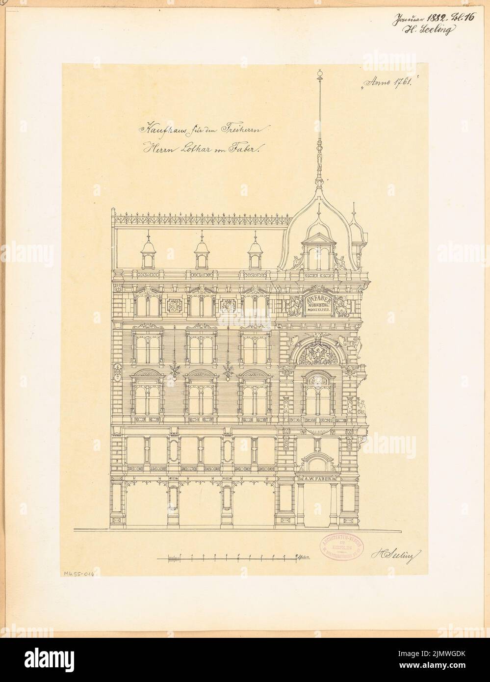 Seeling Heinrich (1852-1932), Wohn- und Geschäftshaus für Faber in Berlin. Monatlicher Wettbewerb Januar 1882 (01,1882): Riss Road View Friedrichstraße; Scale bar. Tusche auf Transparent, 55,2 x 42,4 cm (inklusive Scankanten) Versiegelung Heinrich (1852-1932): Wohn- und Geschäftshaus für die Fa. Faber, Berlin. Monatskurrenz Januar 1882 Stockfoto