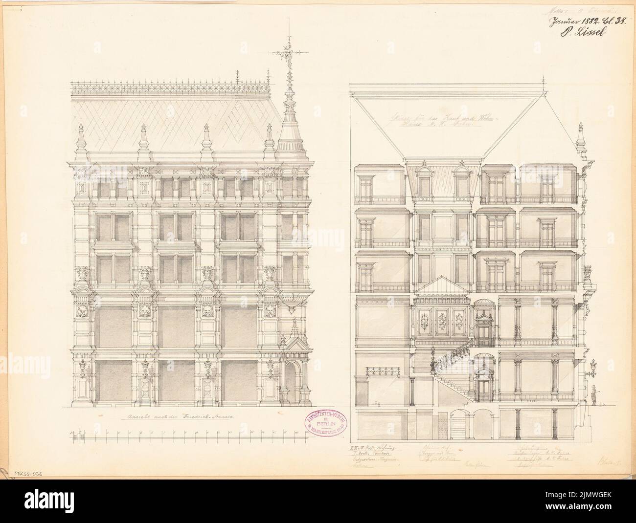 Lissel Paul (1851-1887), Wohn- und Geschäftshaus für Faber in Berlin. Monatlicher Wettbewerb Januar 1882 (01,1882): Riss Road View Friedrichstraße, Querschnitt; Skalenbalken. Tusche Aquarell auf der Schachtel, 42,8 x 56,8 cm (inklusive Scankanten) Lissel Paul (1851-1887): Wohn- und Geschäftshaus für die Fa. Faber, Berlin. Monatskurrenz Januar 1882 Stockfoto