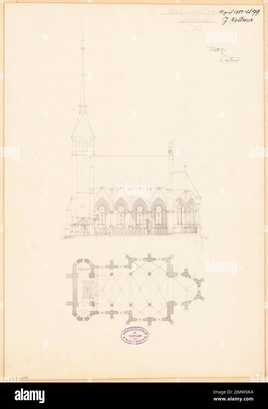 Vollmer Johannes (1845-1920), katholische Kirche St. Sturmius in Rinteln. Monatlicher Wettbewerb April 1882 (04,1882): Grundriß im Gewölbe, Längsschnitt. Bleistift Aquarell auf Papier, 52,6 x 36,9 cm (inklusive Scankanten) Vollmer Johannes (1845-1920): Katholische Kirche St. Sturmius, Rinteln. Monatskurrenz April 1882 Stockfoto