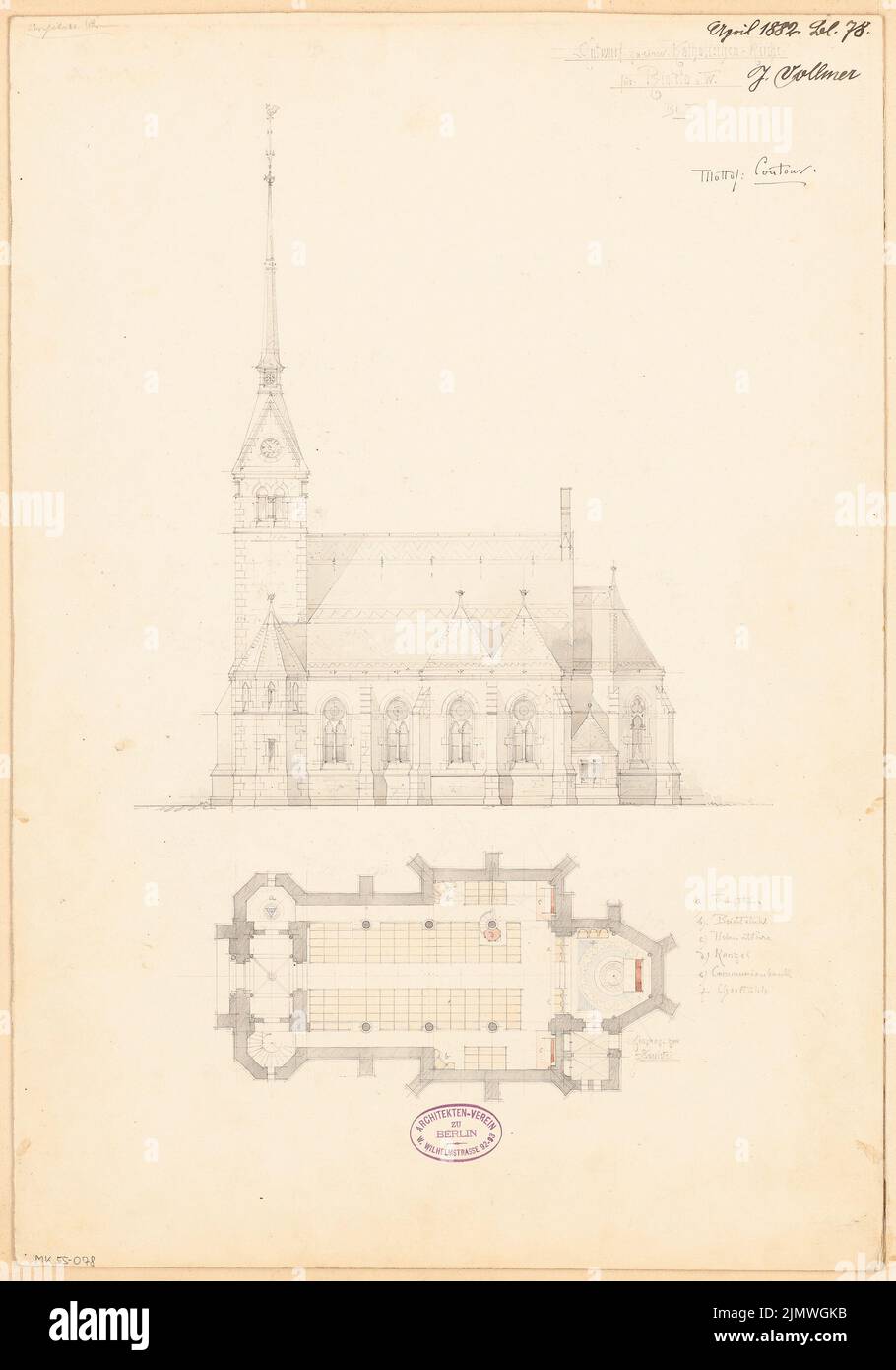 Vollmer Johannes (1845-1920), katholische Kirche St. Sturmius in Rinteln. Monatlicher Wettbewerb 1882. April (04,1882): Grundriß Erdgeschoss, Folter Südansicht. Bleistift Aquarell auf Papier, 52,8 x 37 cm (inklusive Scankanten) Vollmer Johannes (1845-1920): Katholische Kirche St. Sturmius, Rinteln. Monatskurrenz April 1882 Stockfoto