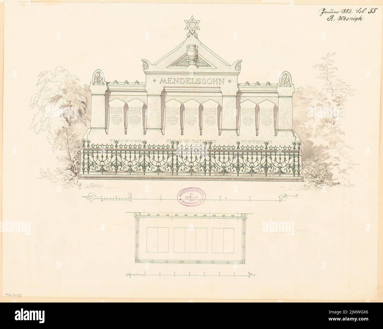 Wesnigk Richard (geb. 1854), Erbbegräbnis frenkel auf dem jüdischen Friedhof in Berlin-Weißensee. Monatlicher Wettbewerb Januar 1883 (Wettbewerb 2.) (01,1883): Grundris, Oberes Voralicht; Streifen im Maßstab 2. Tusche Aquarell auf der Schachtel, 39,1 x 49,4 cm (inklusive Scankanten) Wesnigk Richard (geb. 1854): Erbbegräbnis Frenkel auf dem jüdischen Friedhof, Berlin-Weißensee. Monatskurrenz Januar 1883 (2. Wettbewerb) Stockfoto