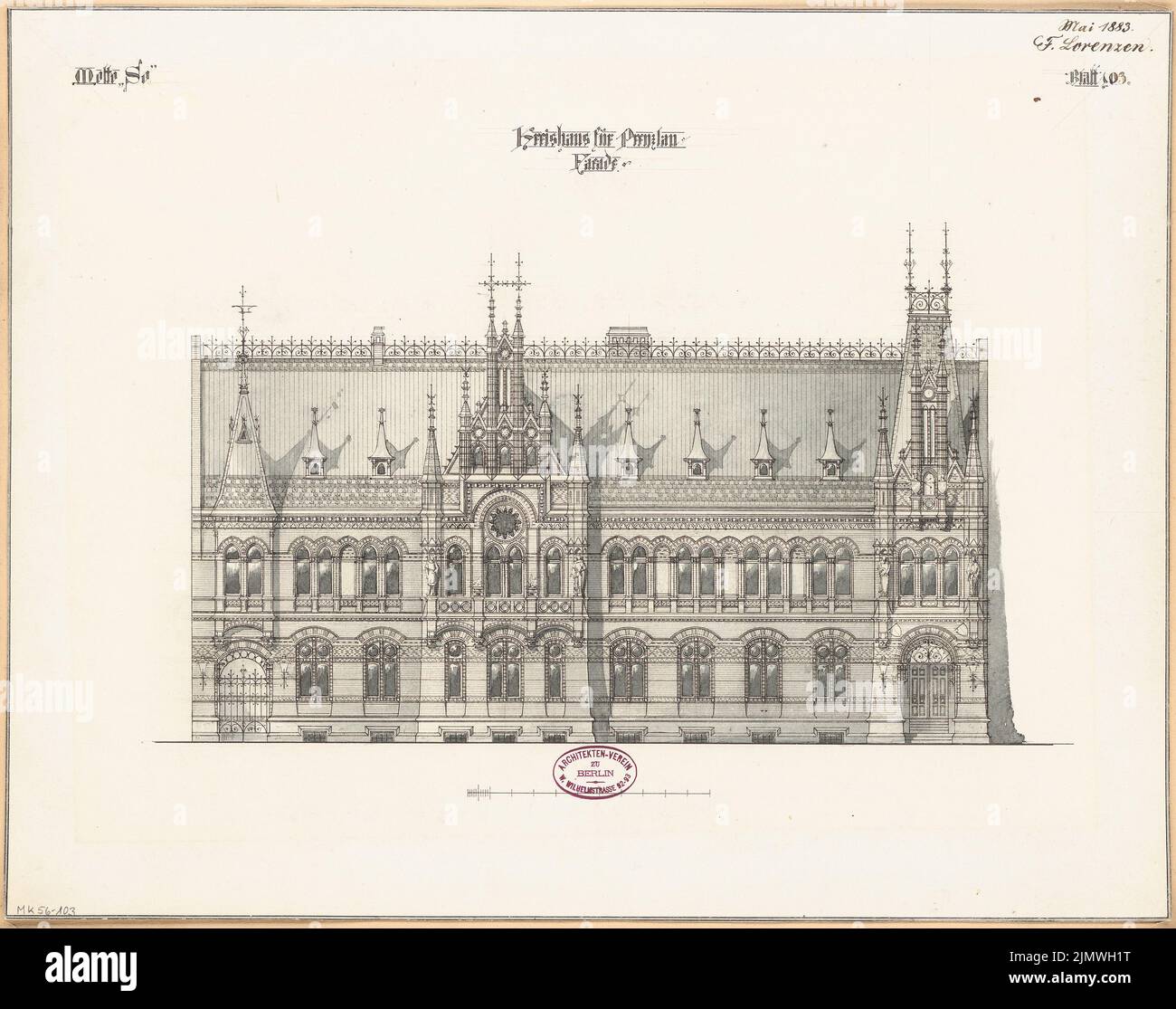 Lorenzen Fernando (1854-1917), Bezirksamt (Bezirkshaus) in Prenzlau. Monatlicher Wettbewerb im Mai 1883 (05,1883): Riß Street view; Scale bar. Tusche Aquarell auf der Schachtel, 42 x 53,3 cm (inklusive Scankanten) Lorenzen Fernando (1854-1917): Landratsamt (Kreishaus), Prenzlau. Monatskurrenz Mai 1883 Stockfoto