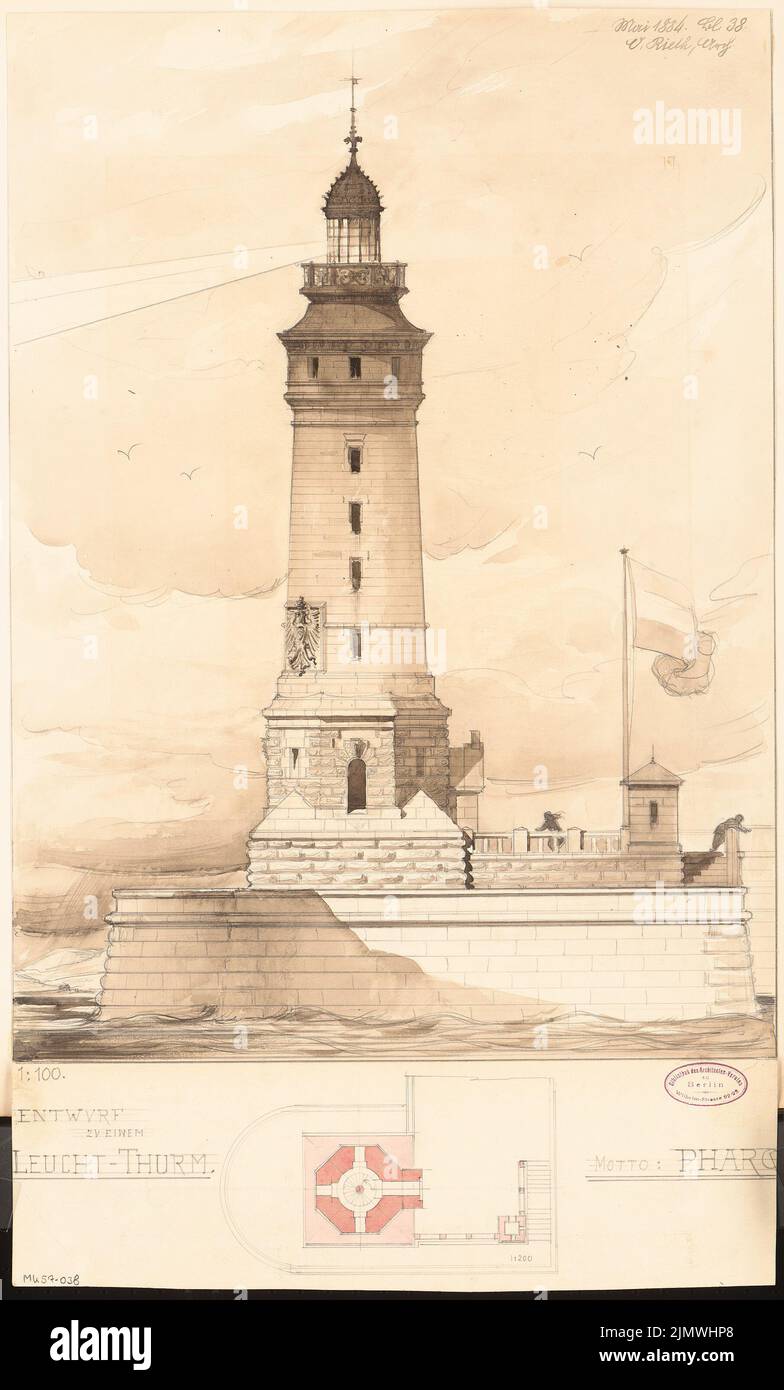 Rieth Otto (1858-1911), Leuchtturm. Monatlicher Wettbewerb Mai 1884 (05,1884): Grundriss 1: 200, Riss Seiten Ansicht 1: 100. Bleistift-Aquarell auf der Schachtel, 64,9 x 39,2 cm (inklusive Scankanten) Rieth Otto (1858-1911): Leuchtturm. Monatskurrenz Mai 1884 Stockfoto