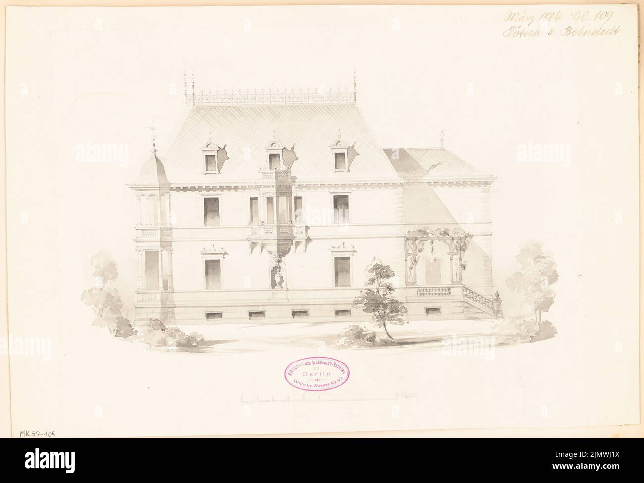 Poetsch & Bohnstedt, Villa für M. Katzenstein in Bielefeld. Monatlicher Wettbewerb 1884. März (03,1884): Rising view of West 1: 100; Maßstab bar. Bleistift-Aquarell auf der Schachtel, 28,1 x 41,2 cm (inklusive Scankanten) Poetsch & Bohnstedt : Villa für M. Katzenstein, Bielefeld. Monatskurrenz März 1884 Stockfoto