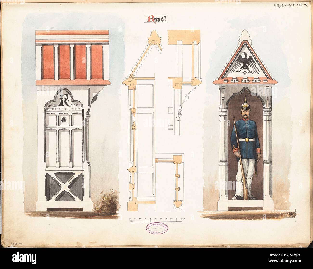 Unbekannter Architekt, Schilderhaus für Berlin. Monatlicher Wettbewerb im August 1884 (08,1884): Halbgeschossplan, halber Längsschnitt, halber Querschnitt, aufrechte Ansicht von vorne und von der Seite; Skalenbalken. Tuser und Bleistift Wasserfarben auf Papier, 46,5 x 58,9 cm (einschließlich Scankanten) N.N. : Schilderhaus für Berlin. Monatskurrenz August 1884 Stockfoto