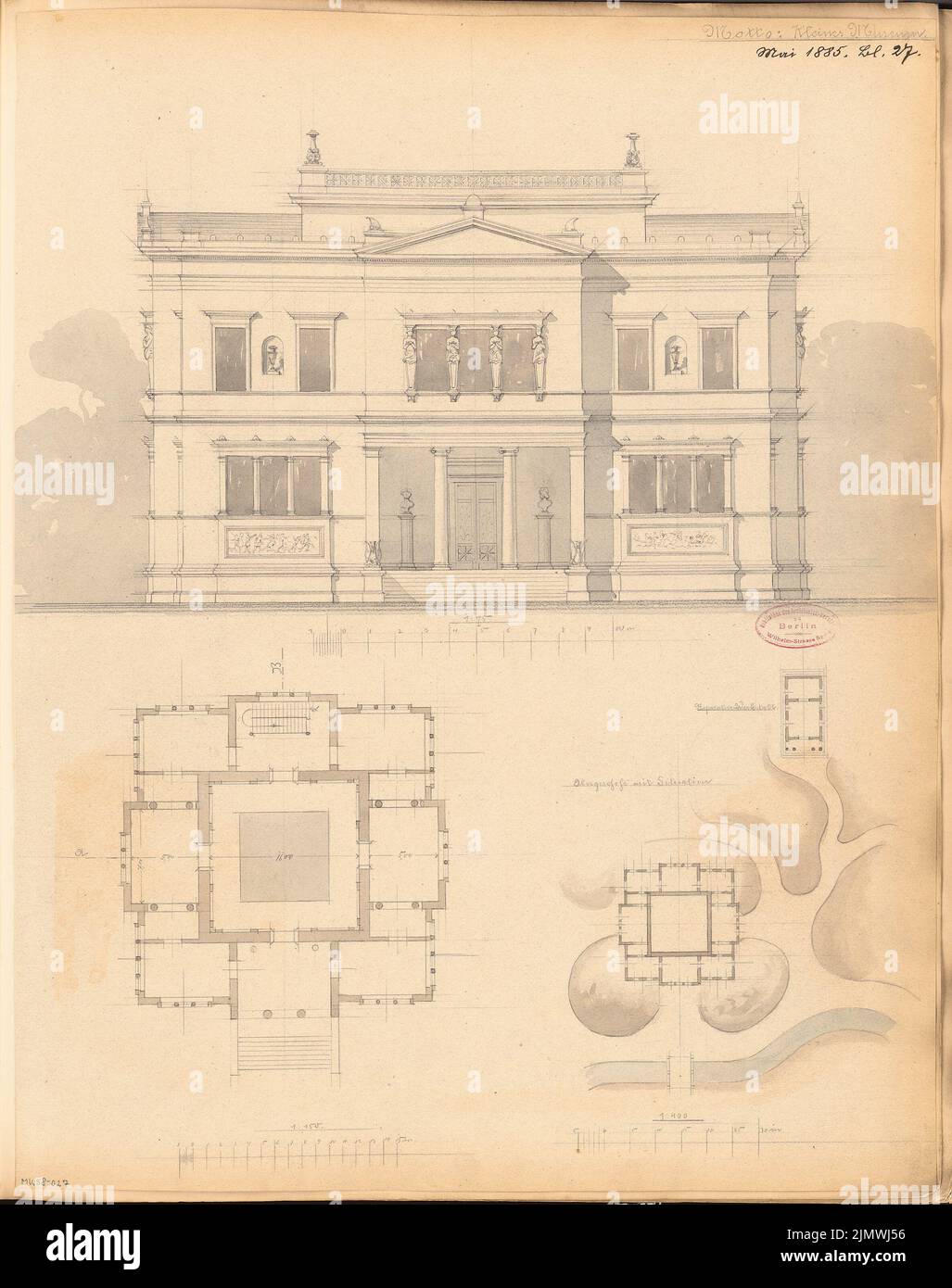 Unbekannter Architekt, privates Museum ('Antiquitäten'). Monatlicher Wettbewerb Mai 1885 (05,1885): Lageplan mit Grundriß Obergeschoss, Grundriß Erdgeschoss, unregelmäßige Vorderansicht; Streifen im Maßstab 3. Bleistift-Aquarell auf der Schachtel, 58,7 x 46,4 cm (einschließlich Scankanten) N.N. : Privatmuseum (»Antikenkabinet«). Monatskurrenz Mai 1885 Stockfoto