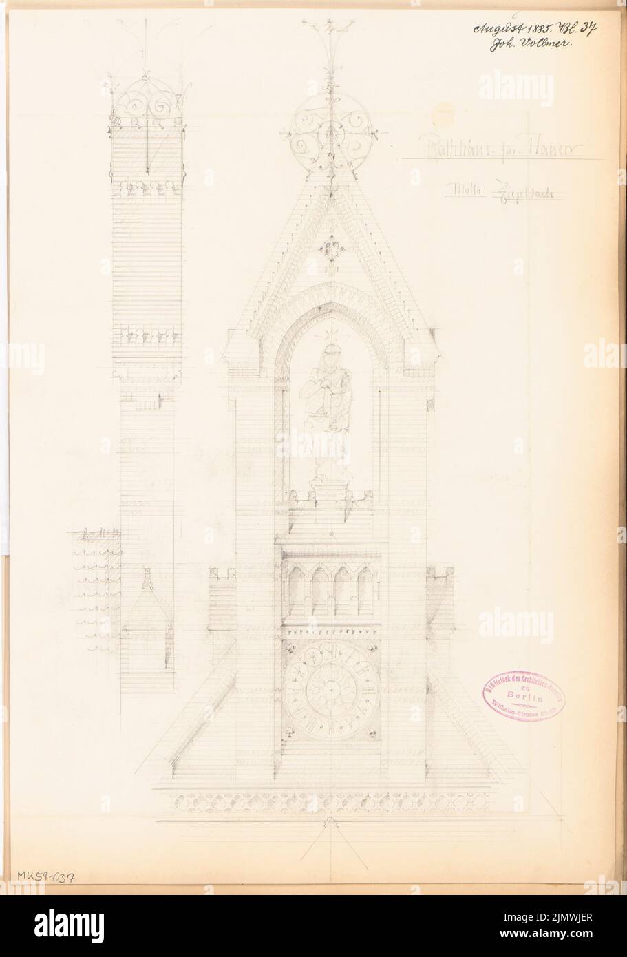 Vollmer Johannes (1845-1920), Rathaus Nauen. Monatlicher Wettbewerb im August 1885 (08,1885): Rising Vorderansicht und Seitenansicht des Giebel. Bleistift auf Karton, 43,2 x 30,3 cm (inklusive Scankanten) Vollmer Johannes (1845-1920): Rathaus, Nauen. Monatskurrenz August 1885 Stockfoto