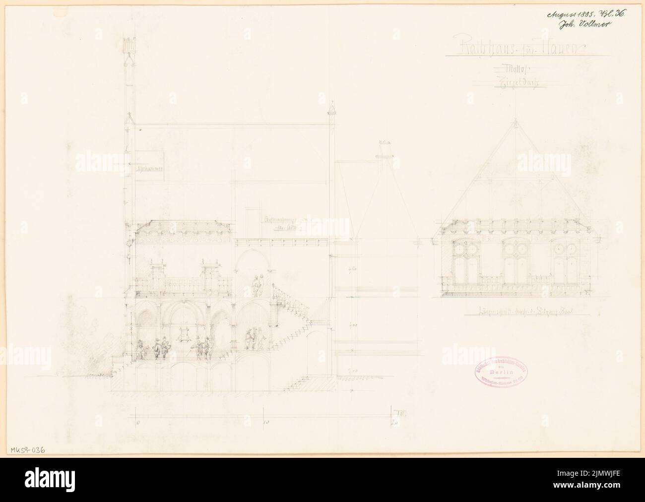 Vollmer Johannes (1845-1920), Rathaus Nauen. Monatlicher Wettbewerb im August 1885 (08,1885): Längsschnitt durch den Stamm, Längsschnitt durch den Besprechungsraum; Maßstabsbalken. Bleistift auf Karton, 34,5 x 48,7 cm (inklusive Scankanten) Vollmer Johannes (1845-1920): Rathaus, Nauen. Monatskurrenz August 1885 Stockfoto