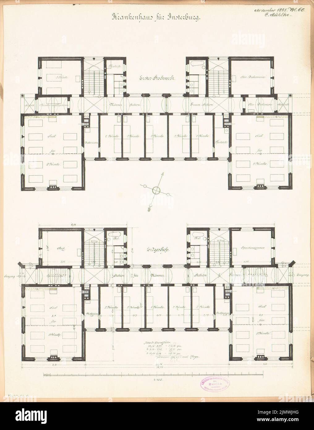 Mühlke Carl (geb. 1851), Kreiskrankenhaus in Insterburg. Monatlicher Wettbewerb November 1885 (11,1885): Variante I: Grundriß Erdgeschoss, Obergeschoss 1: 100; Maßstab bar. Tusche Aquarell auf der Schachtel, 56,8 x 44,4 cm (inklusive Scankanten) Mühlke Karl (geb. 1851): Kreiskrankenhaus, Insterburg. Monatskurrenz November 1885 Stockfoto