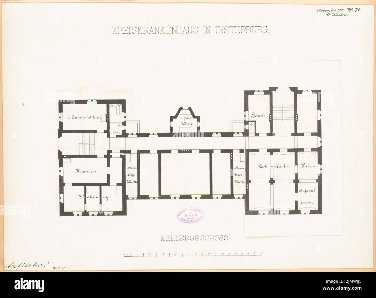 Kuhn Friedrich Oswald (1846-1922), Kreiskrankenhaus in Insterburg. Monatlicher Wettbewerb November 1885 (11,1885): Grundriss Keller mit Variante; Maßstabsbalken. Tinte auf Karton, 40,5 x 55,9 cm (inklusive Scankanten) Kuhn Friedrich Oswald (1846-1922): Kreiskrankenhaus, Insterburg. Monatskurrenz November 1885 Stockfoto