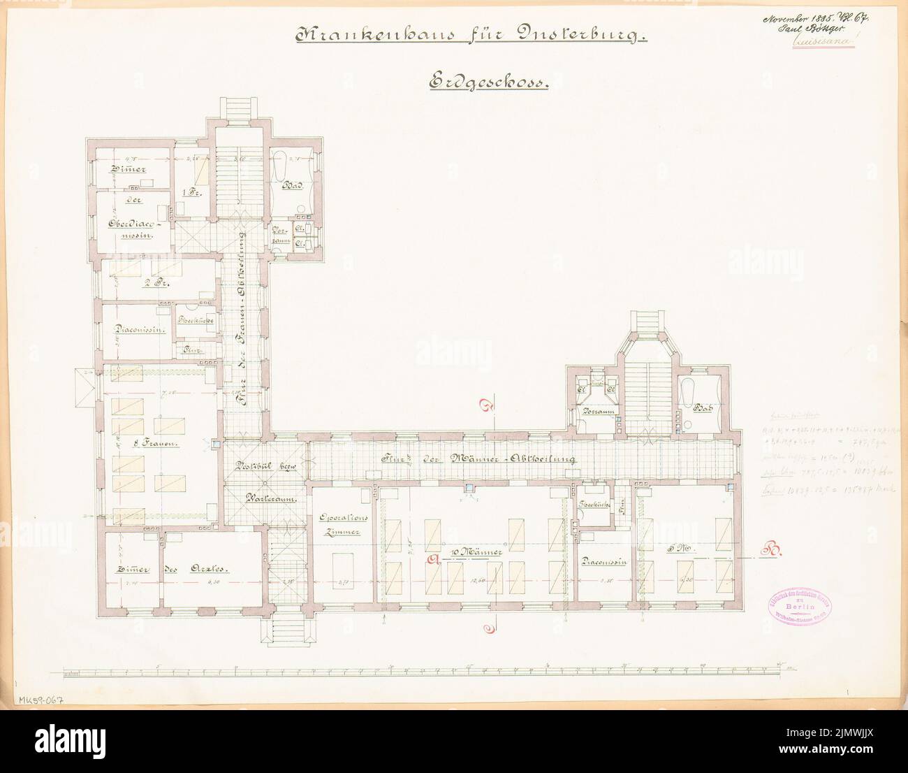 Böttger Paul (1851-1933), Bezirkskrankenhaus in Insterburg. Monatlicher Wettbewerb 1885. November (11,1885): Grundriß Erdgeschoss; Skala bar. Tusche Aquarell auf Papier, 44,2 x 56,5 cm (inklusive Scankanten) Böttger Paul (1852-1933): Kreiskrankenhaus, Insterburg. Monatskurrenz November 1885 Stockfoto