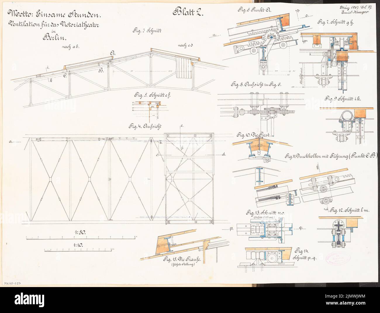 Krüger Emil (geb. 1855), Lüftung durch Eröffnung der neuen Eisendachkonstruktion des Victoria Theaters in Berlin. Monatlicher Wettbewerb 1887. März (03,1887): Details; Streifen im Maßstab 1:2. Tusche Aquarell auf Papier, 47,5 x 62,7 cm (inklusive Scankanten) Krüger Emil (geb. 1855): Ventilation durch Öffnungsmöglichkeit des neuen eisernen Dachstuhls des Victoria-Theaters, Berlin. Monatskurrenz März 1887 Stockfoto